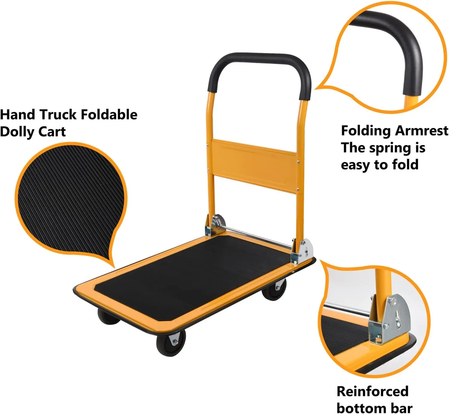 LEADALLWAY Foldable Push Cart Platform Cart 330lbs Capacity 4 Wheels 28.7x18.5x32.3inches Yellow with 2 Ropes Small Flatbed Cart