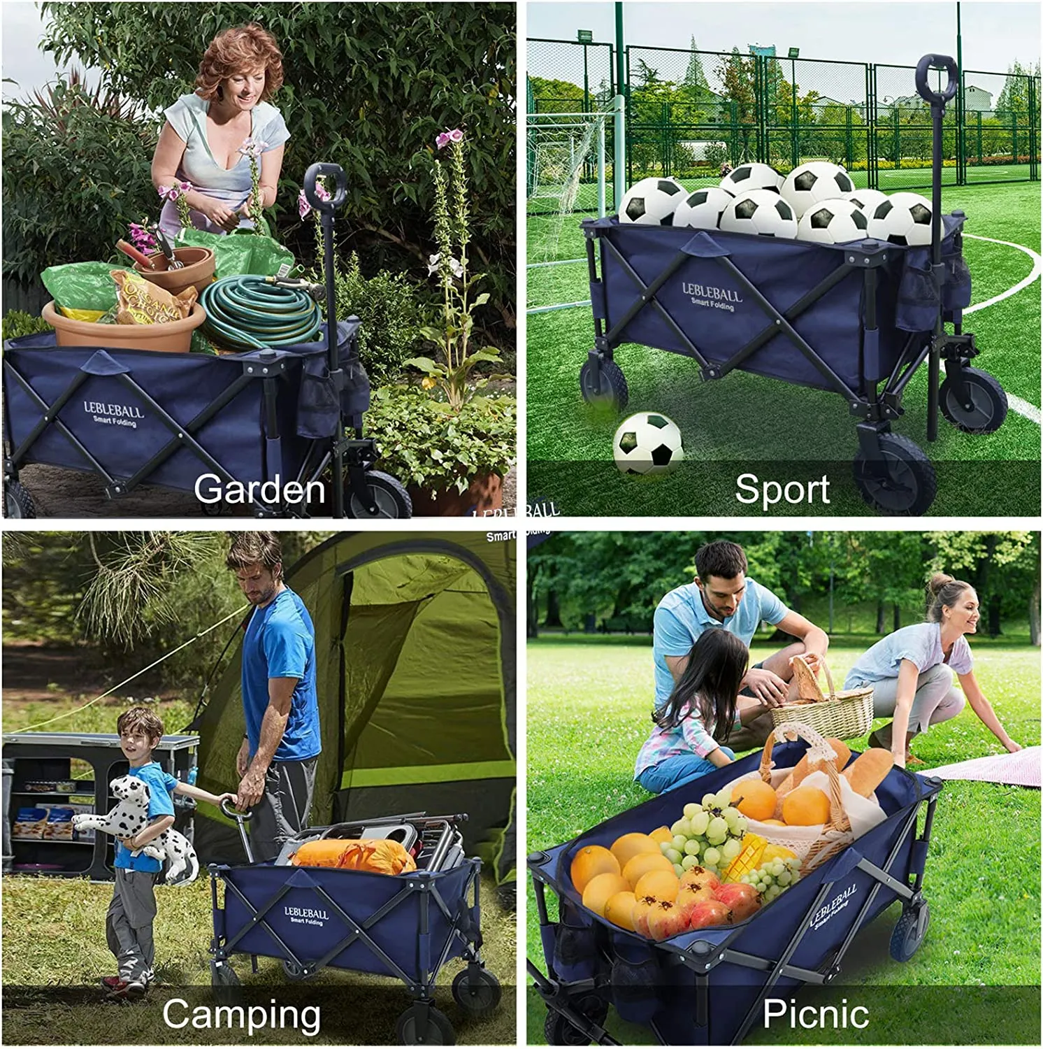 LEBLEBALL Folding Wagon Cart Quick Set- Up Heavy Duty Garden Cart Collapsible Wagon Cart with Storage Bags Outdoor Wagon with Wheels Brake for Camping Garden Beach Picnic, Navy Blue