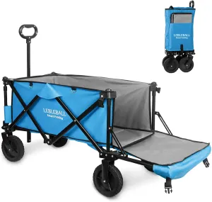 LEBLEBALL Folding Wagon Cart Quick Set- Up Heavy Duty Garden Cart Collapsible Wagon Cart with Storage Bags Outdoor Wagon with Wheels Brake for Camping Garden Beach Picnic, Navy Blue