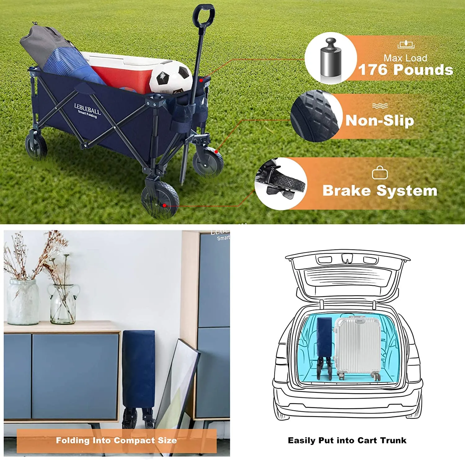 LEBLEBALL Folding Wagon Cart Quick Set- Up Heavy Duty Garden Cart Collapsible Wagon Cart with Storage Bags Outdoor Wagon with Wheels Brake for Camping Garden Beach Picnic, Navy Blue