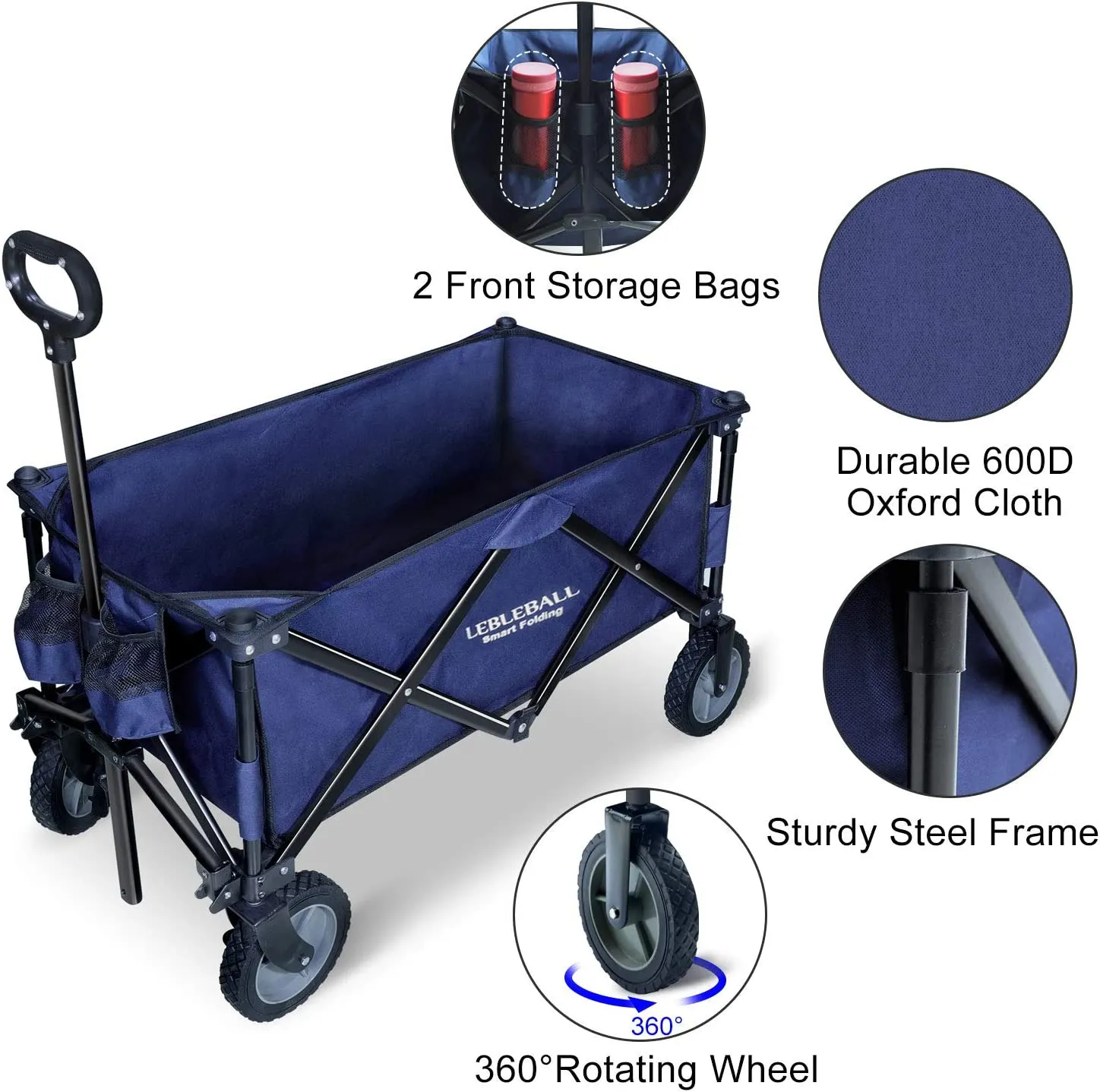 LEBLEBALL Folding Wagon Cart Quick Set- Up Heavy Duty Garden Cart Collapsible Wagon Cart with Storage Bags Outdoor Wagon with Wheels Brake for Camping Garden Beach Picnic, Navy Blue