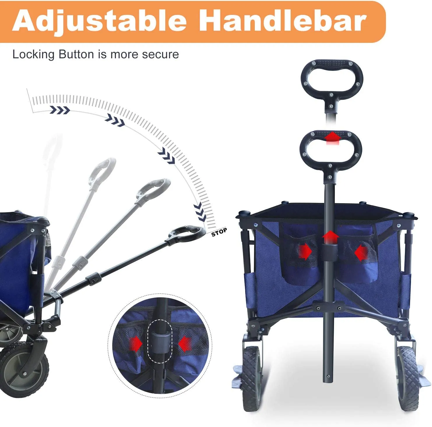 LEBLEBALL Folding Wagon Cart Quick Set- Up Heavy Duty Garden Cart Collapsible Wagon Cart with Storage Bags Outdoor Wagon with Wheels Brake for Camping Garden Beach Picnic, Navy Blue