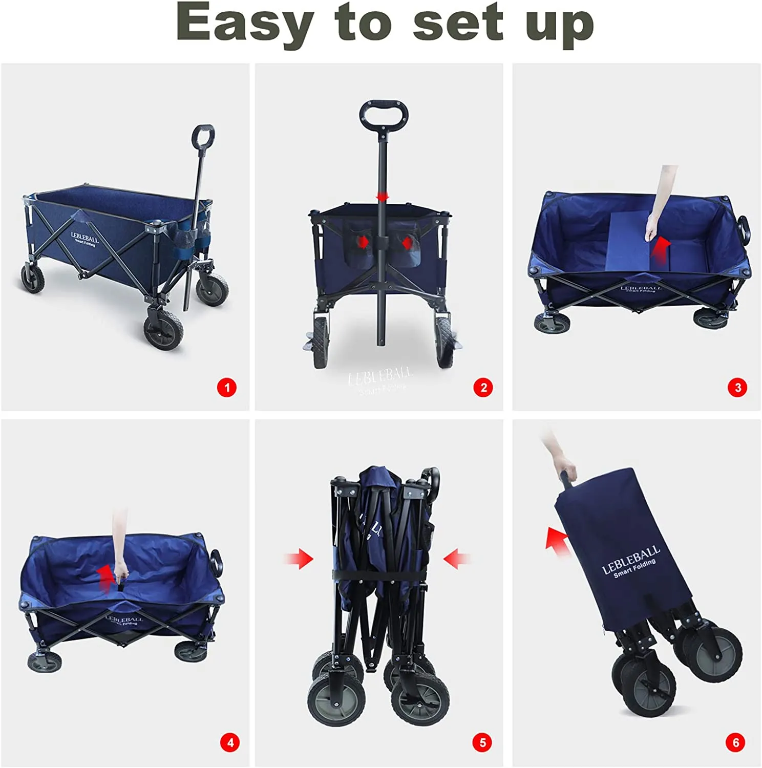 LEBLEBALL Folding Wagon Cart Quick Set- Up Heavy Duty Garden Cart Collapsible Wagon Cart with Storage Bags Outdoor Wagon with Wheels Brake for Camping Garden Beach Picnic, Navy Blue