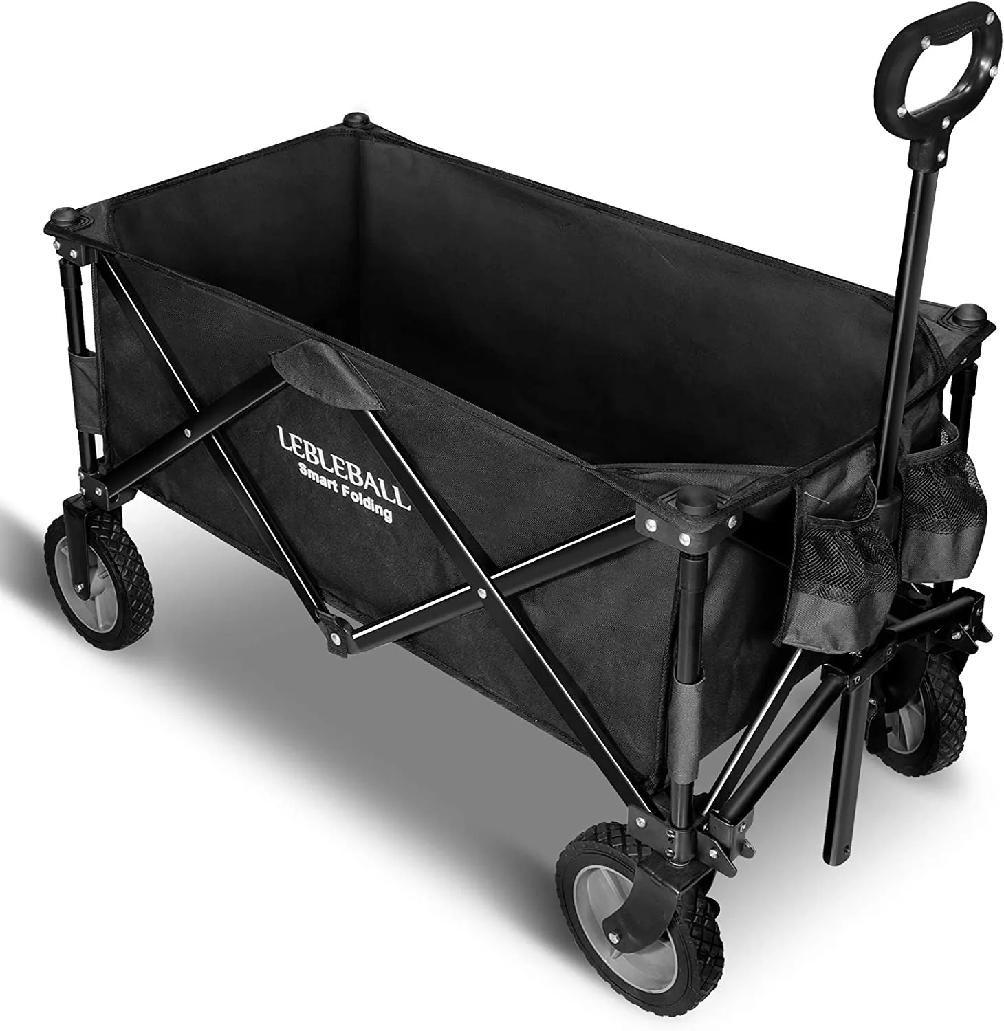 LEBLEBALL Folding Wagon Cart Quick Set- Up Heavy Duty Garden Cart Collapsible Wagon Cart with Storage Bags Outdoor Wagon with Wheels Brake for Camping Garden Beach Picnic, Navy Blue