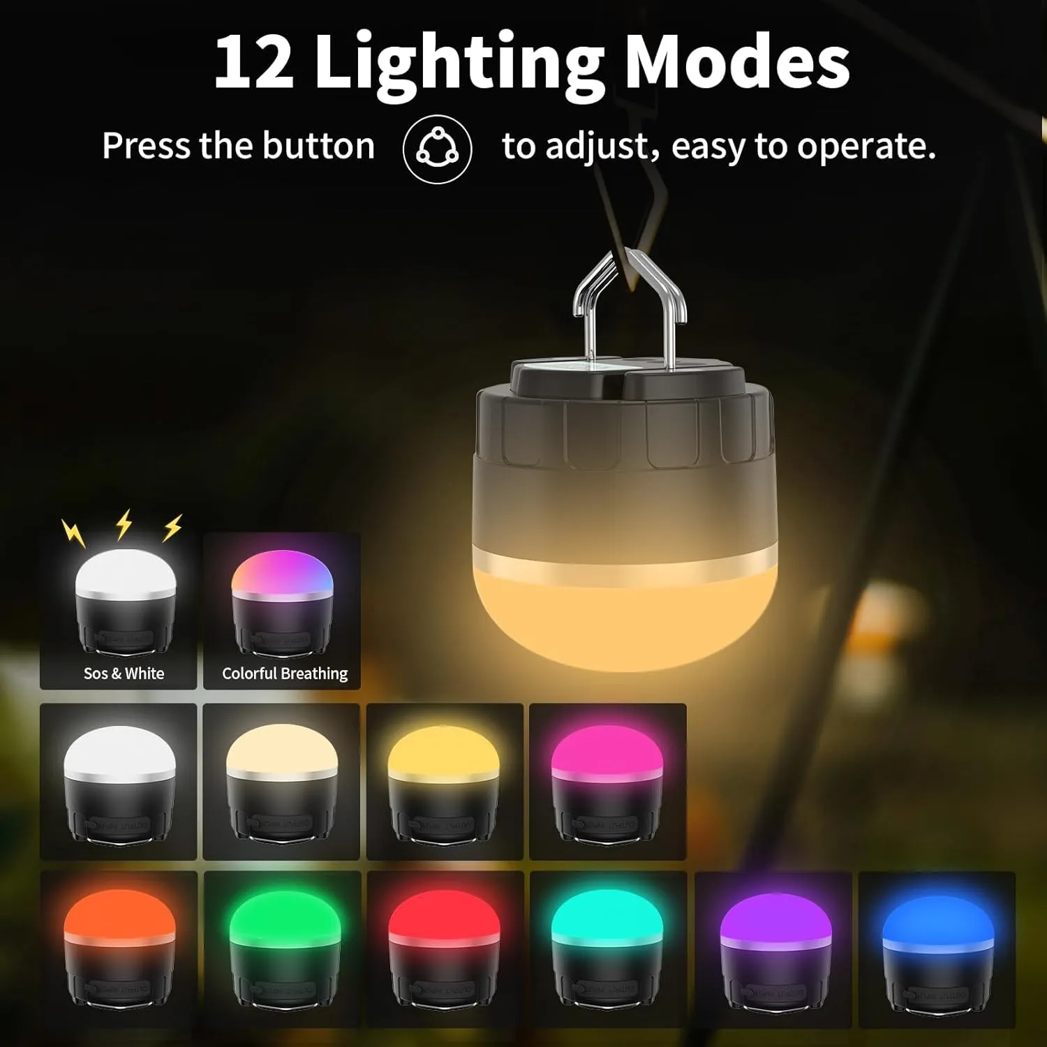 LED Camping Lantern Rechargeable, 1000LM Portable Tent Light with 12 RGB Lighting Modes, Power Bank, Waterproof, Mini Flashlight with Magnetic Base for Emergency, Power Outages, Hiking, Home