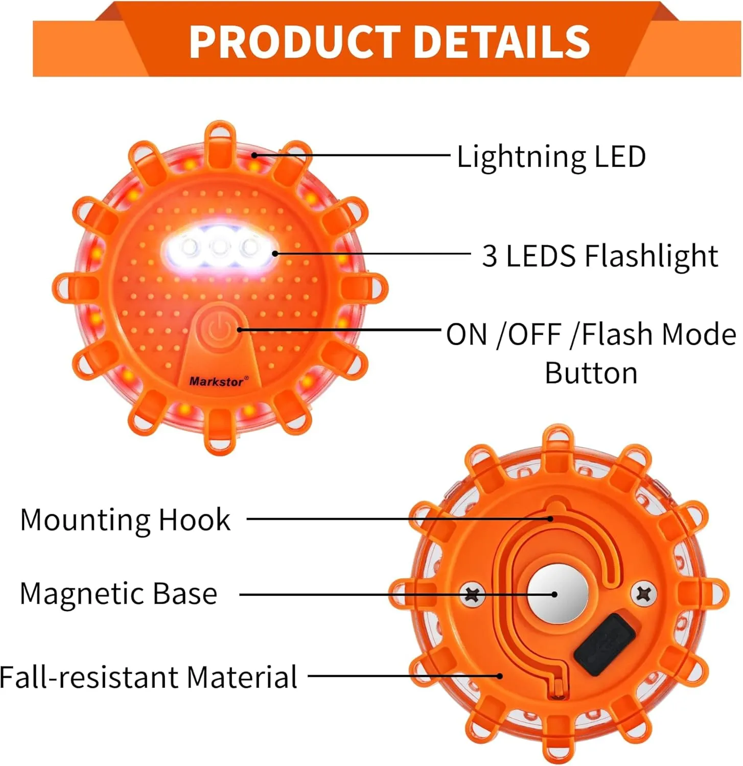 Led Road Flares 6 Pack LED Flares Emergency Kit, USB Recharge Amber LED Flares Warning Light with Magnetic, Roadside Safety Disc Flares Kit with Breaker,Whistle for Vehicle (6 Pack Parts)