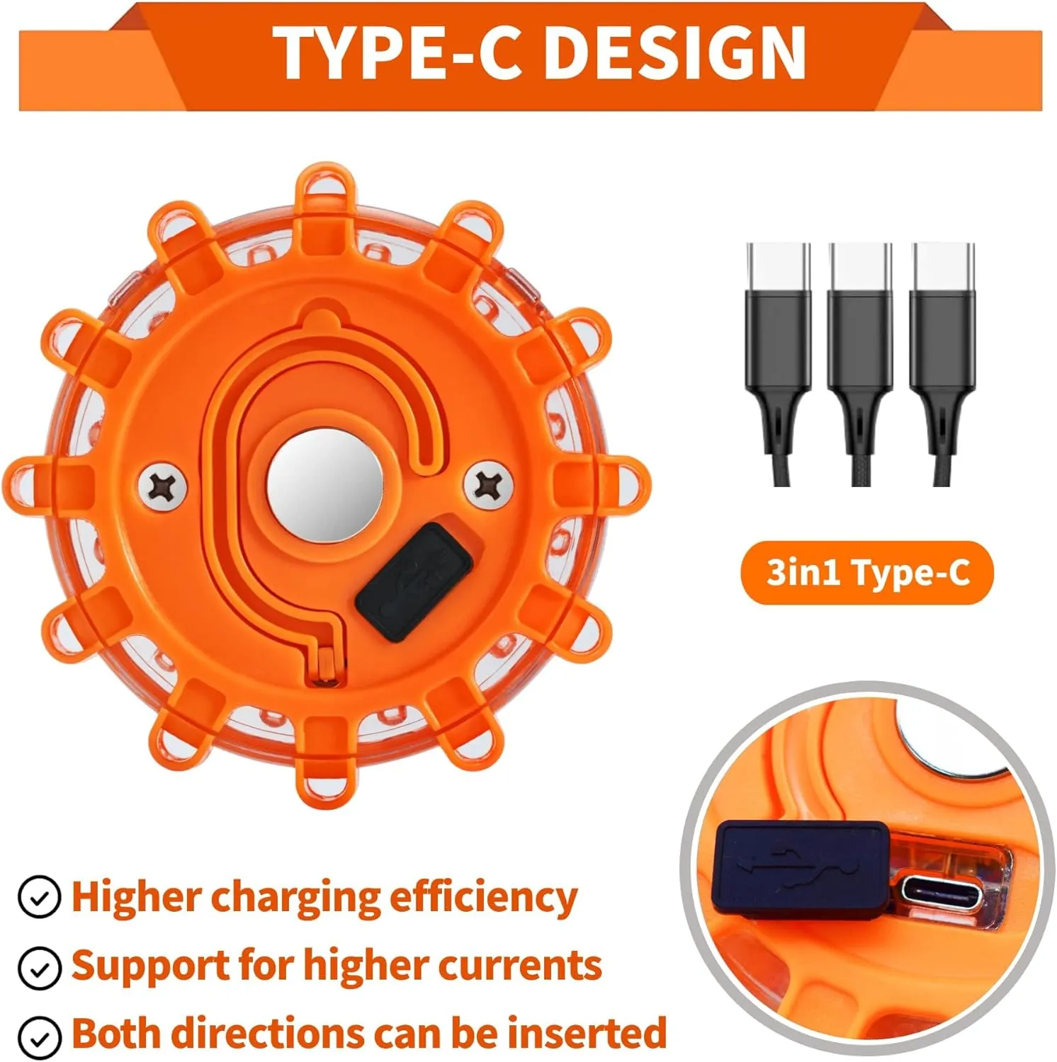 Led Road Flares 6 Pack LED Flares Emergency Kit, USB Recharge Amber LED Flares Warning Light with Magnetic, Roadside Safety Disc Flares Kit with Breaker,Whistle for Vehicle (6 Pack Parts)