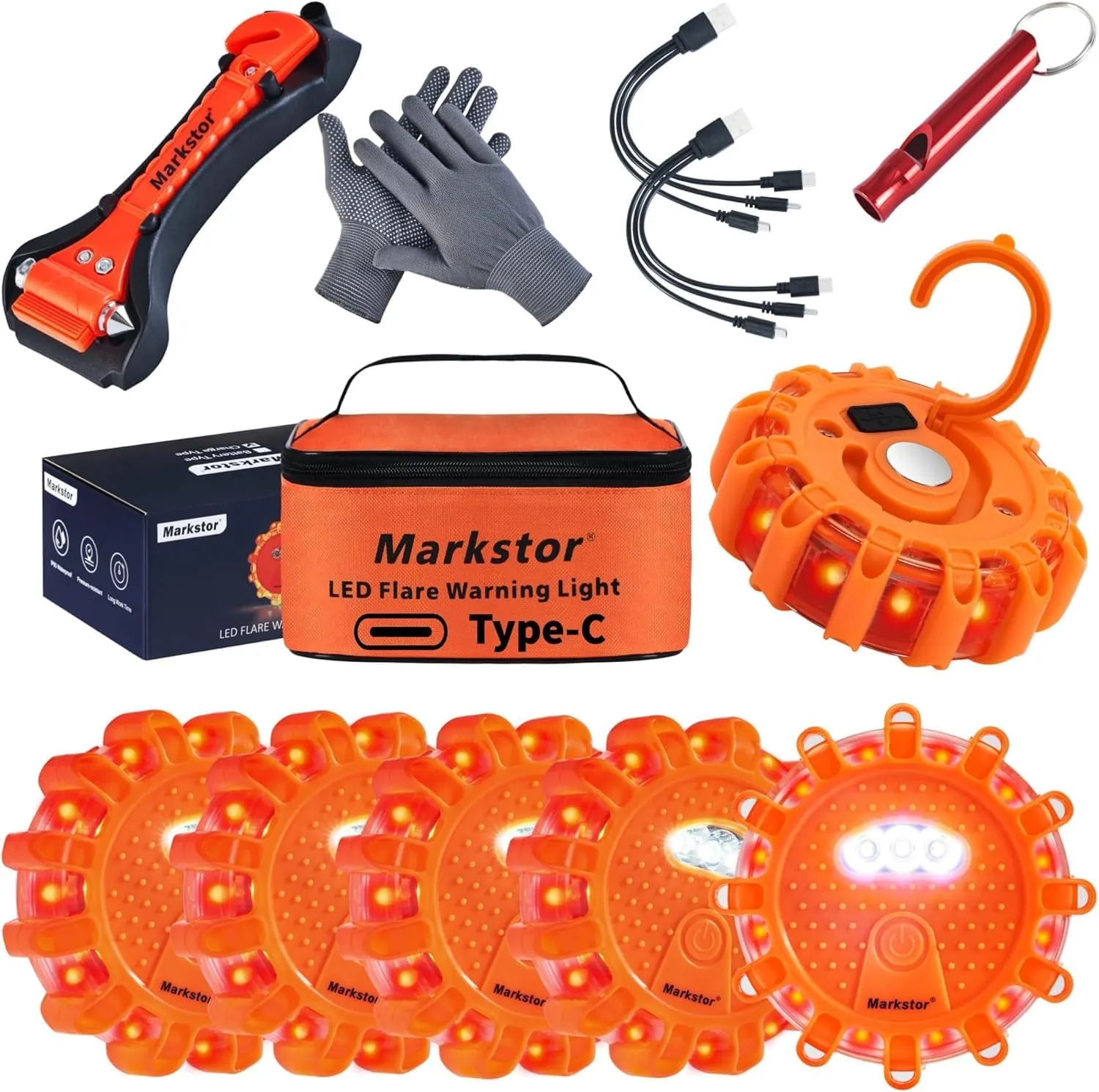 Led Road Flares 6 Pack LED Flares Emergency Kit, USB Recharge Amber LED Flares Warning Light with Magnetic, Roadside Safety Disc Flares Kit with Breaker,Whistle for Vehicle (6 Pack Parts)