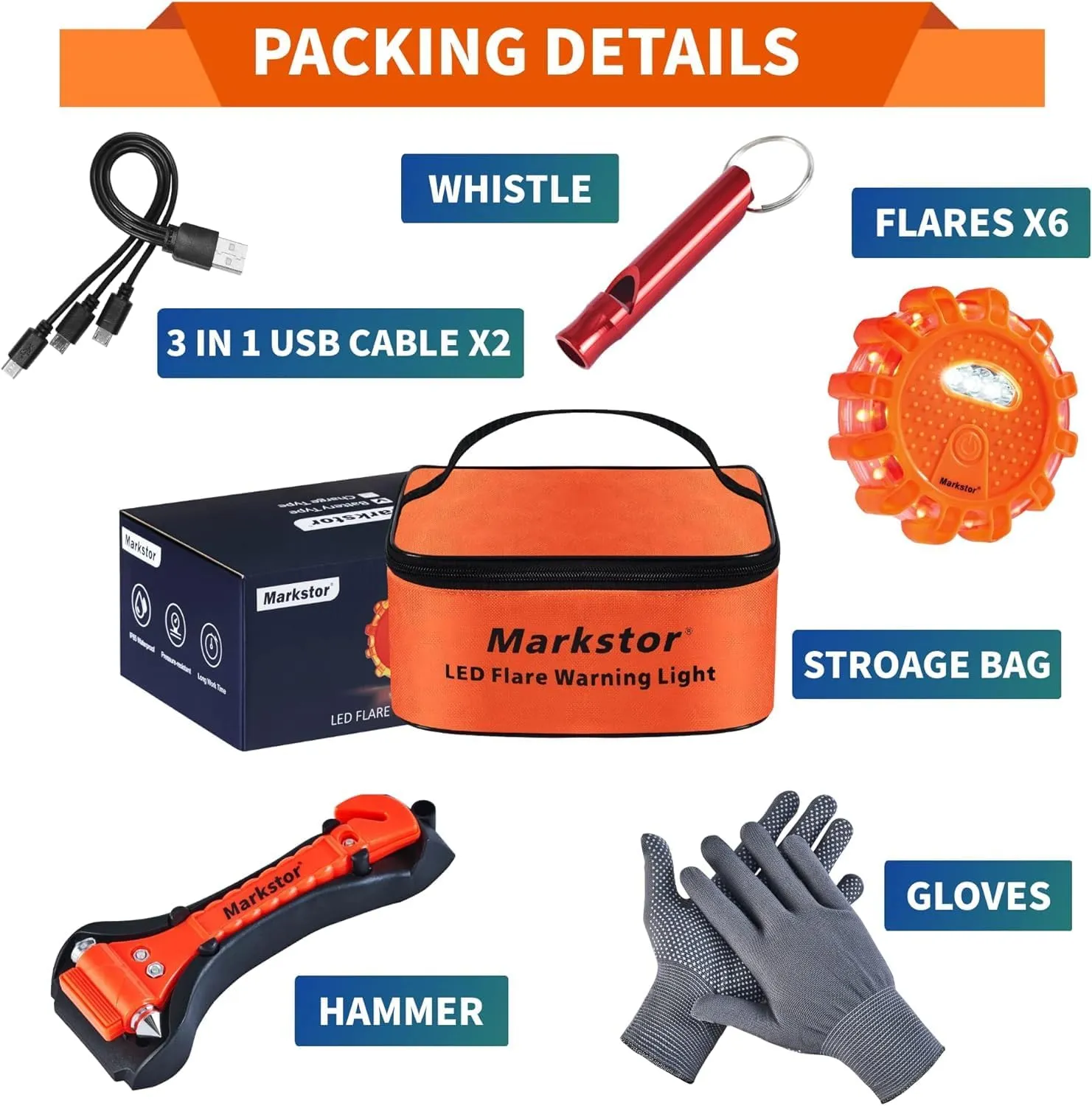 Led Road Flares 6 Pack LED Flares Emergency Kit, USB Recharge Amber LED Flares Warning Light with Magnetic, Roadside Safety Disc Flares Kit with Breaker,Whistle for Vehicle (6 Pack Parts)