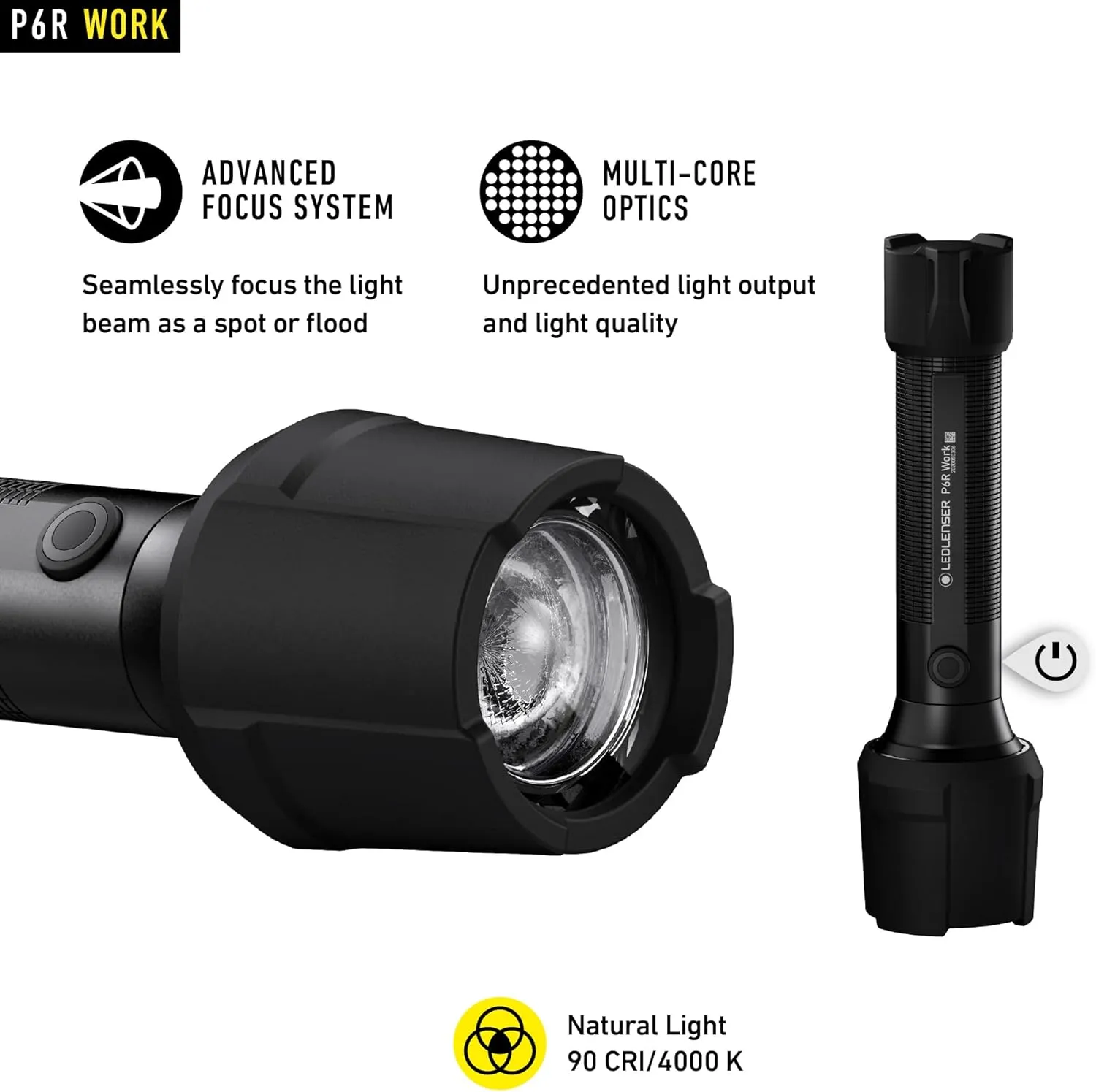 Ledlenser, P6R Work Rechargeable Flashlight, High Power LED, 850 Lumens, Waterproof Light for Professional, Home, Outdoor, Emergency Use, Black