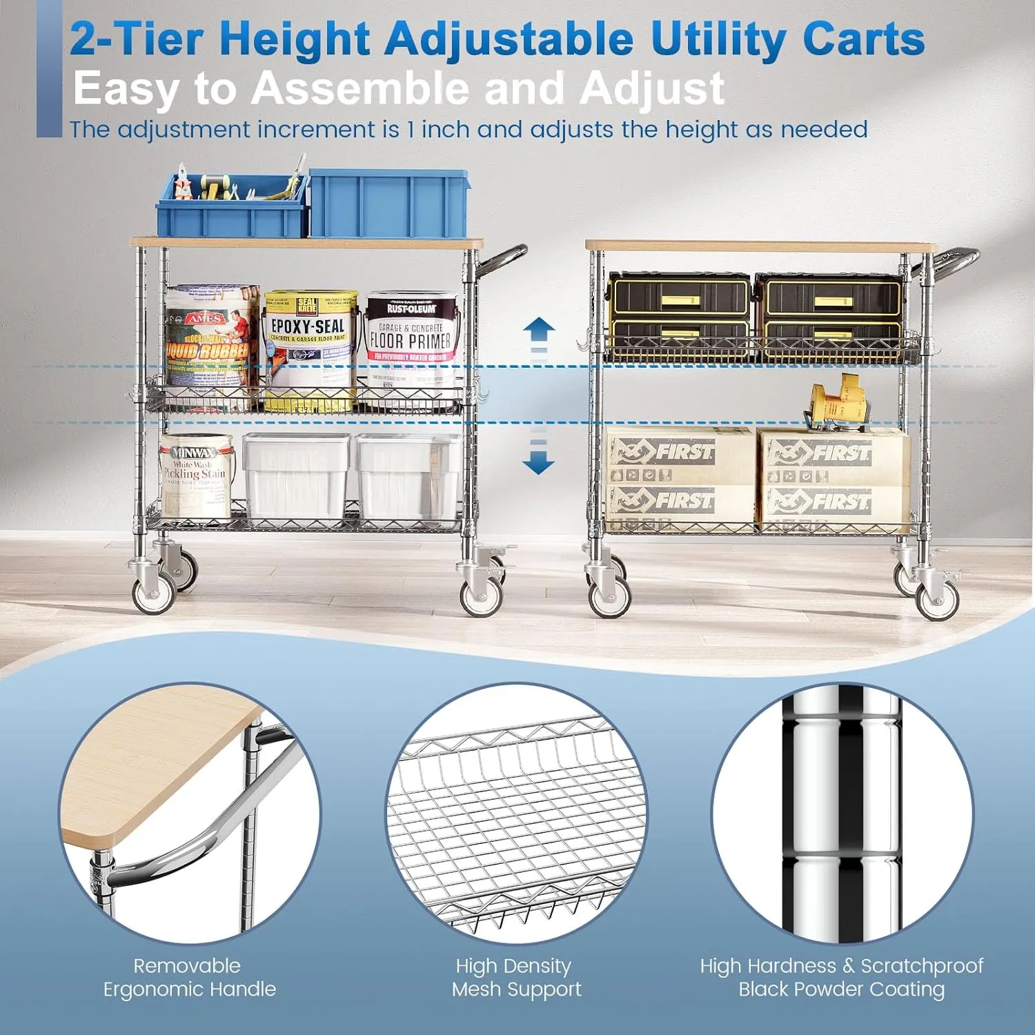 Leteuke Rolling Kitchen Carts with Wheels, 3 Tier Heavy Duty Rolling Utility Cart with Wood Tabletop, NSF Commercial Metal Cart with Handle and Shelf Liner,Trolley Serving Carts for Kitchen, Chrome