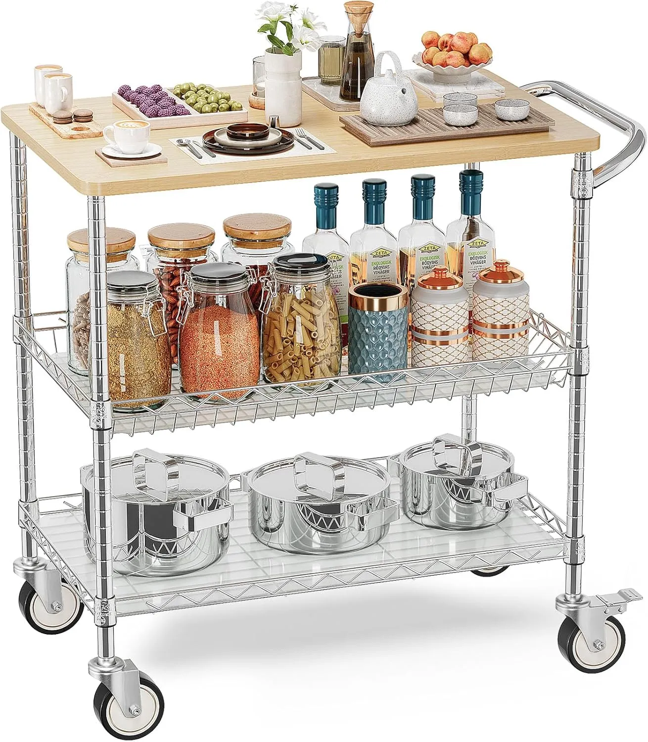 Leteuke Rolling Kitchen Carts with Wheels, 3 Tier Heavy Duty Rolling Utility Cart with Wood Tabletop, NSF Commercial Metal Cart with Handle and Shelf Liner,Trolley Serving Carts for Kitchen, Chrome