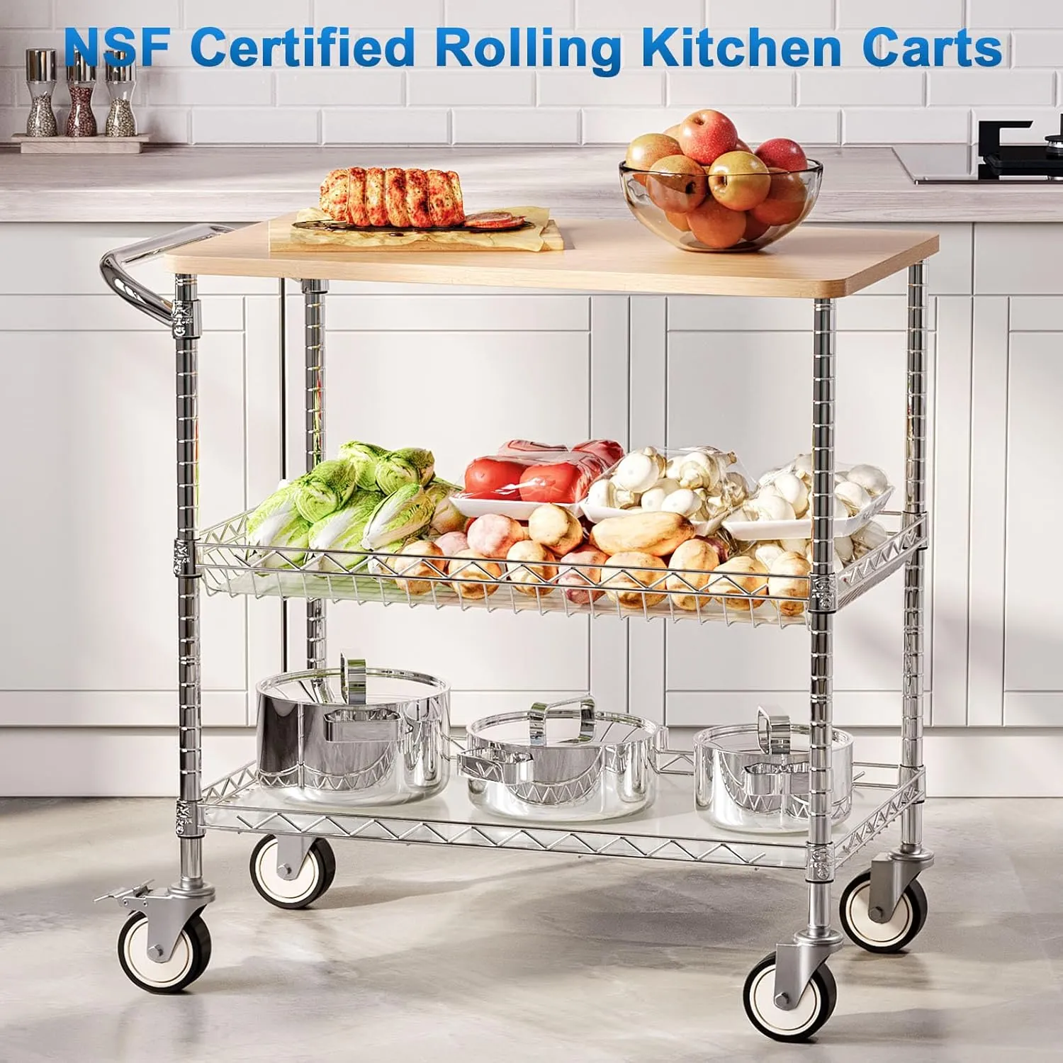 Leteuke Rolling Kitchen Carts with Wheels, 3 Tier Heavy Duty Rolling Utility Cart with Wood Tabletop, NSF Commercial Metal Cart with Handle and Shelf Liner,Trolley Serving Carts for Kitchen, Chrome
