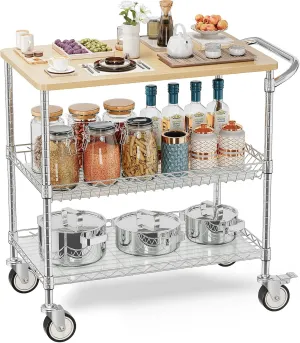 Leteuke Rolling Kitchen Carts with Wheels, 3 Tier Heavy Duty Rolling Utility Cart with Wood Tabletop, NSF Commercial Metal Cart with Handle and Shelf Liner,Trolley Serving Carts for Kitchen, Chrome