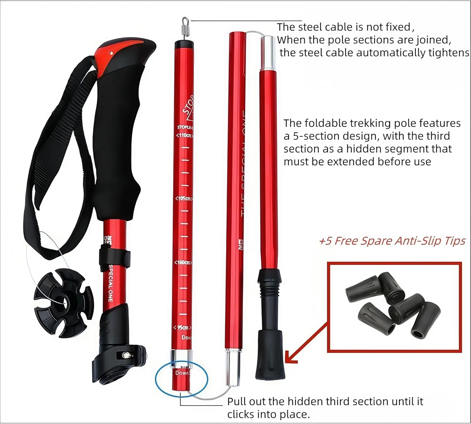 Lightweight Aluminum Collapsible Trekking Poles – Adjustable Quick-Lock Walking Sticks for Hiking & Backpacking, 5-Section Foldable Design (Men & Women)