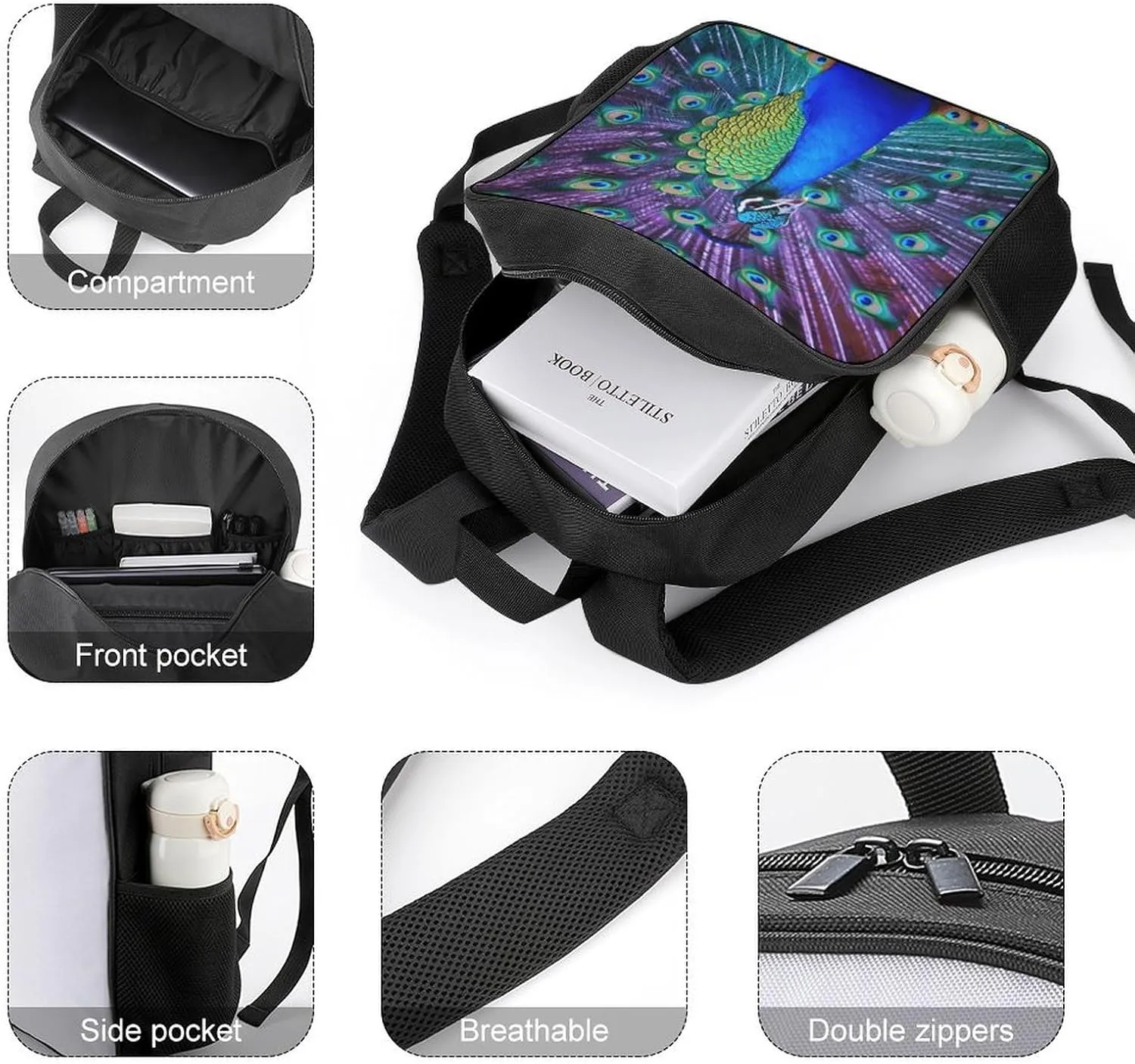 Lightweight Backpacks Cute Travel Bag Durable Beauty Peacock Printing Small Travel Backpack For Women & Men