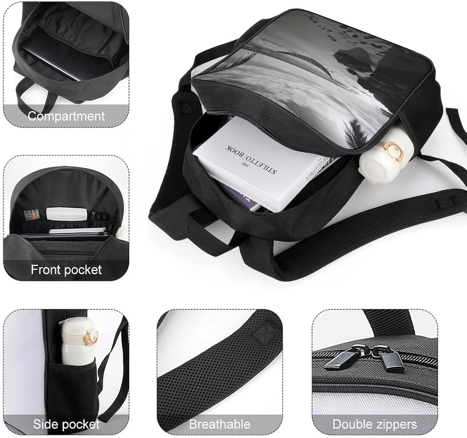 Lightweight Backpacks Cute Travel Bag Durable Black And White Beach Printing Small Travel Backpack For Women & Men