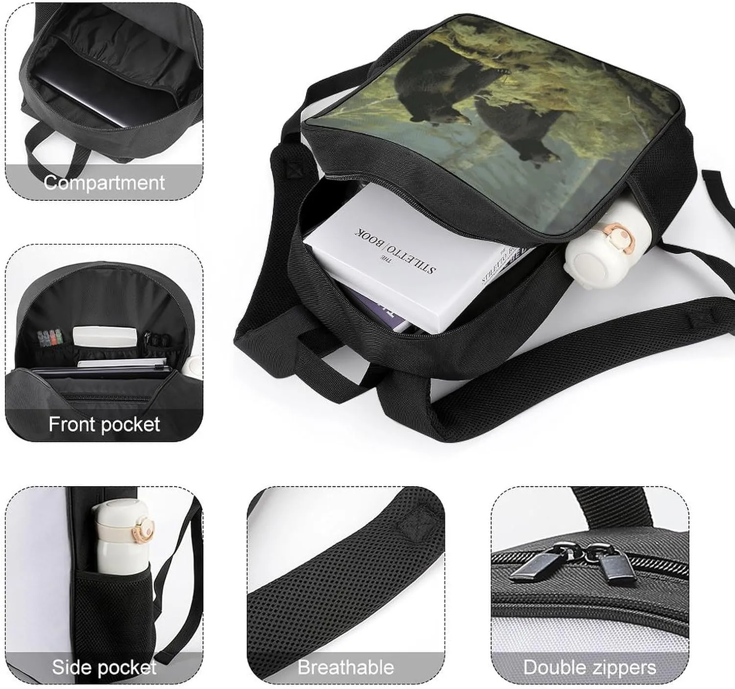 Lightweight Backpacks Cute Travel Bag Durable Black Bears Printing Small Travel Backpack For Women & Men