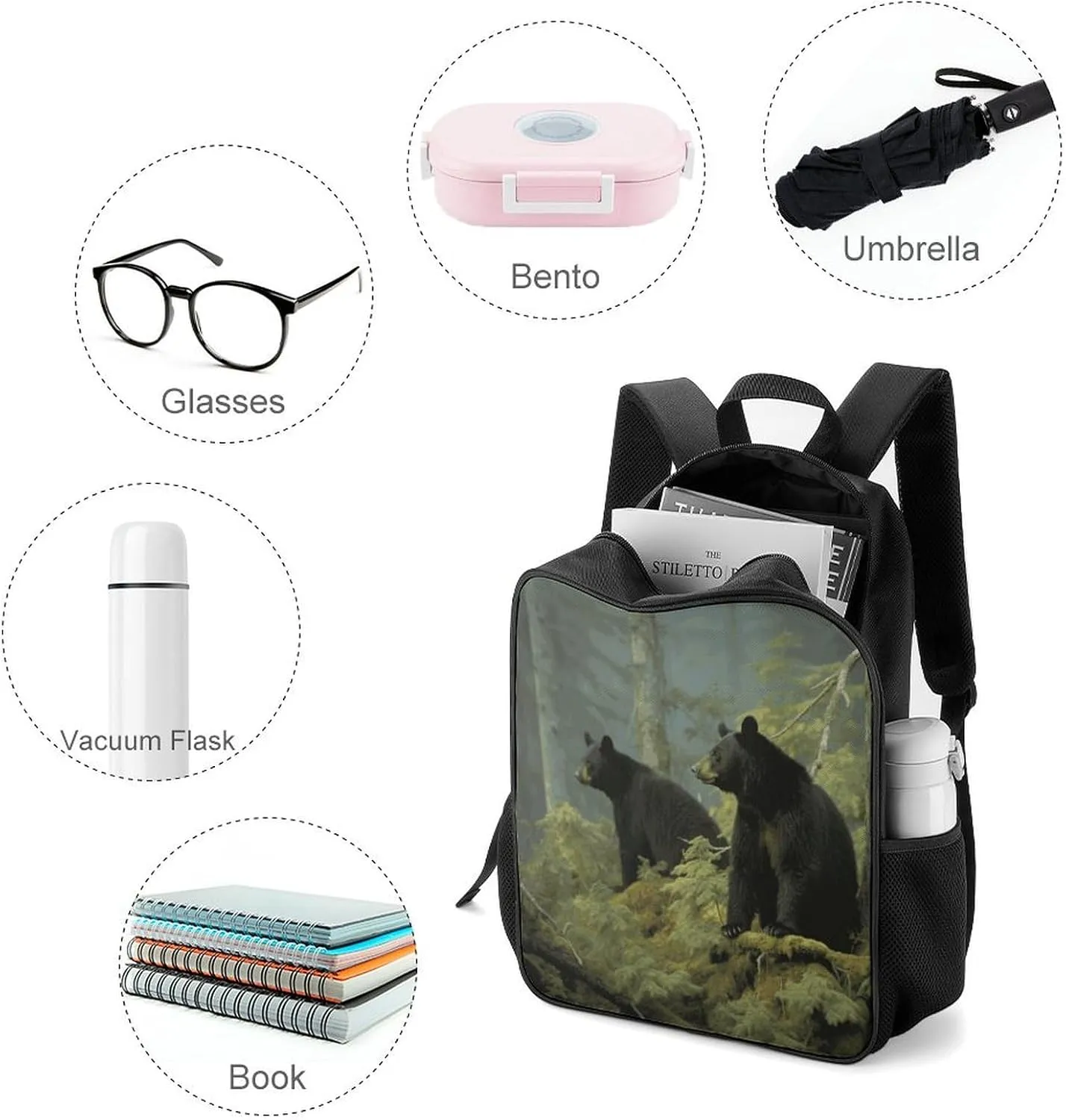 Lightweight Backpacks Cute Travel Bag Durable Black Bears Printing Small Travel Backpack For Women & Men