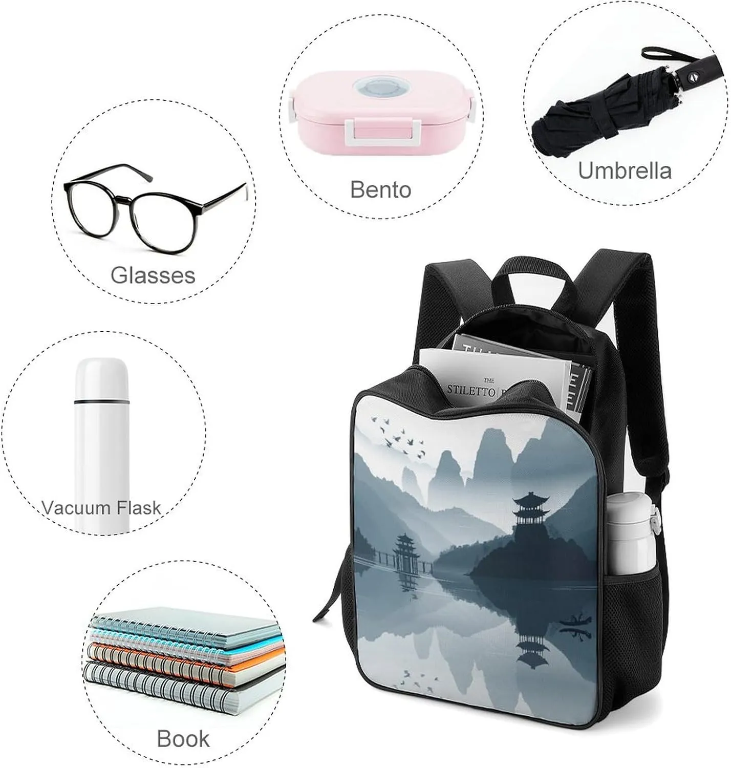 Lightweight Backpacks Cute Travel Bag Durable Chinese Style Landscape Printing Small Travel Backpack For Women & Men