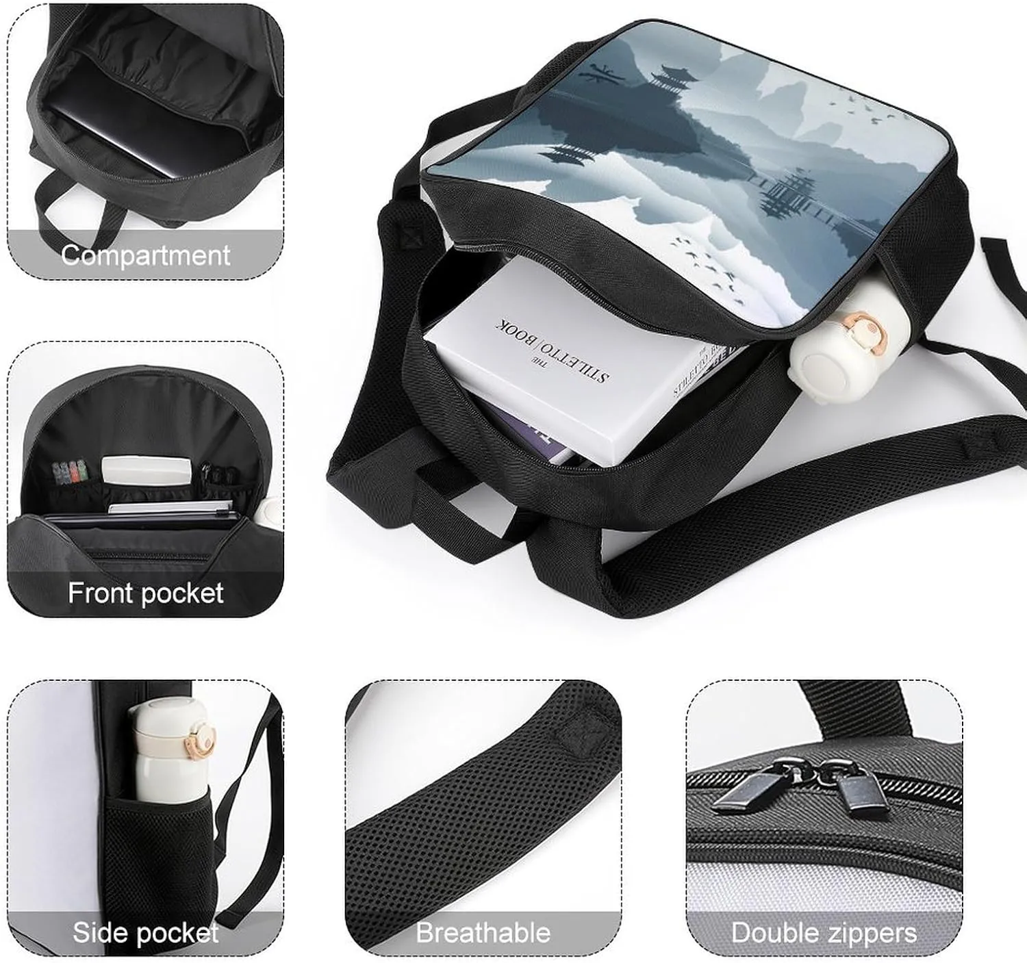 Lightweight Backpacks Cute Travel Bag Durable Chinese Style Landscape Printing Small Travel Backpack For Women & Men