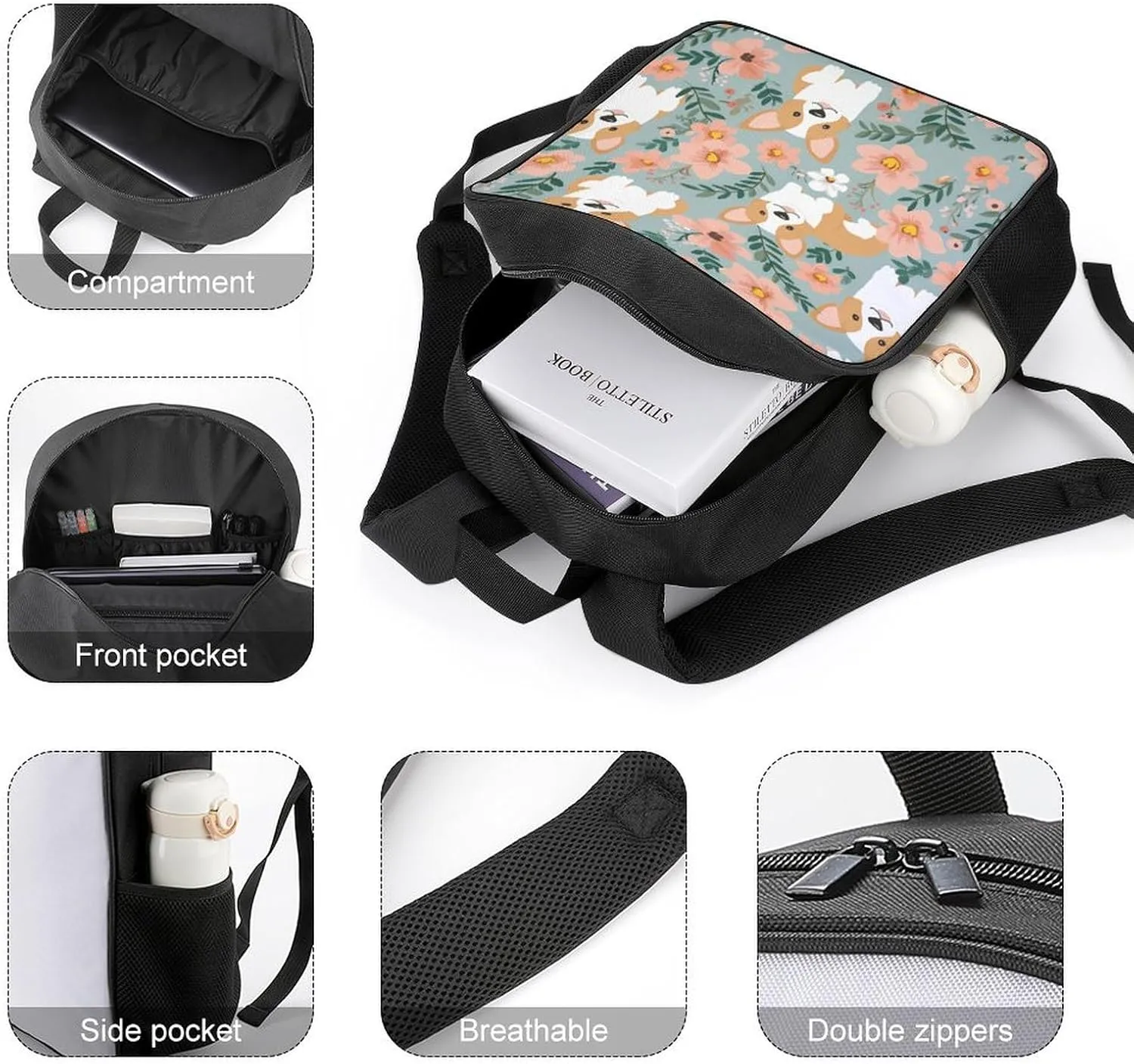 Lightweight Backpacks Cute Travel Bag Durable Corgi Floral Flowers Spring Garden Printing Small Travel Backpack For Women & Men