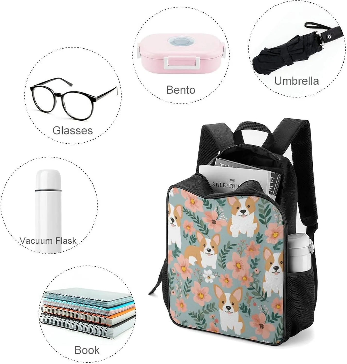 Lightweight Backpacks Cute Travel Bag Durable Corgi Floral Flowers Spring Garden Printing Small Travel Backpack For Women & Men