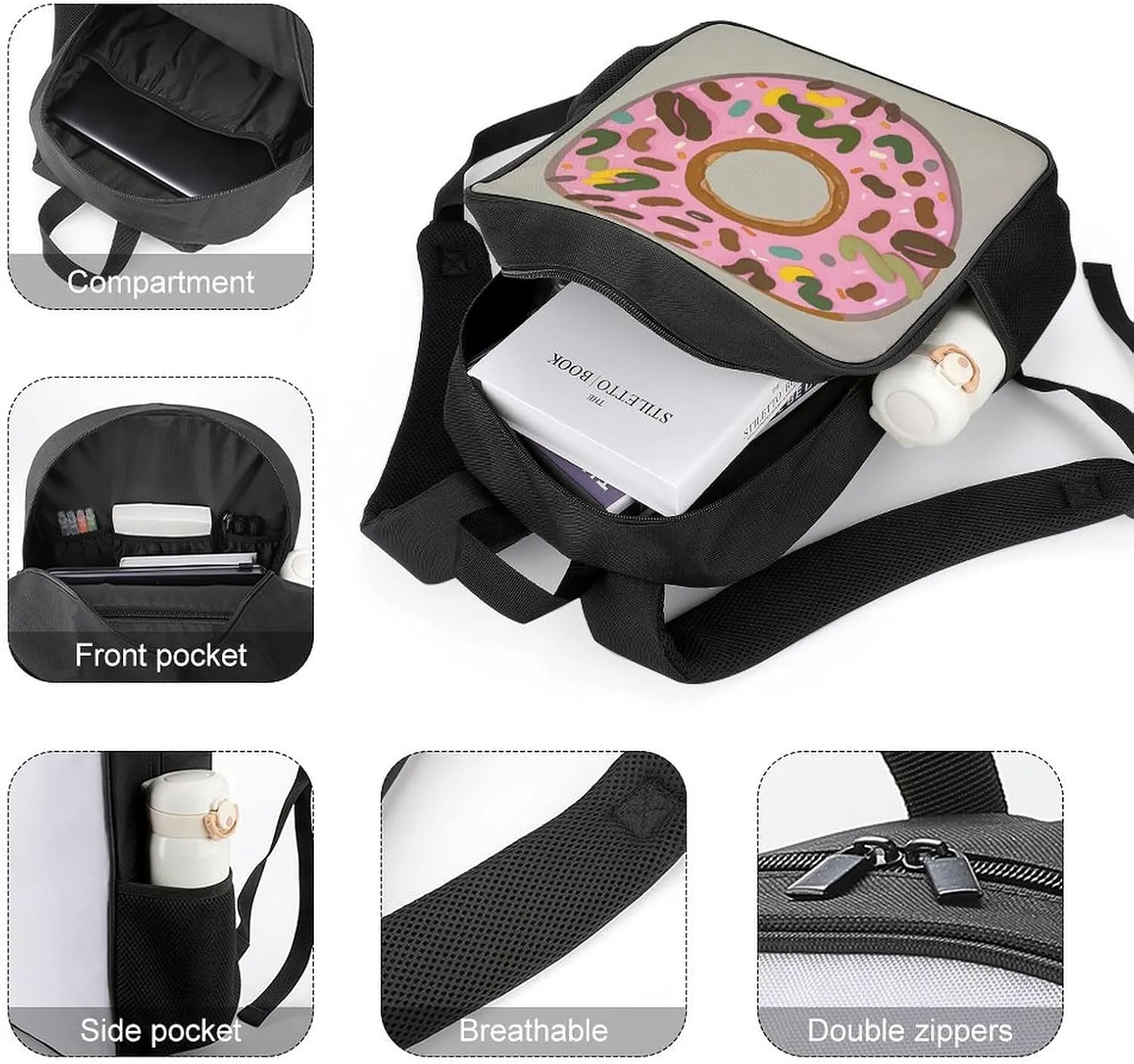 Lightweight Backpacks Cute Travel Bag Durable Donut Printing Small Travel Backpack For Women & Men