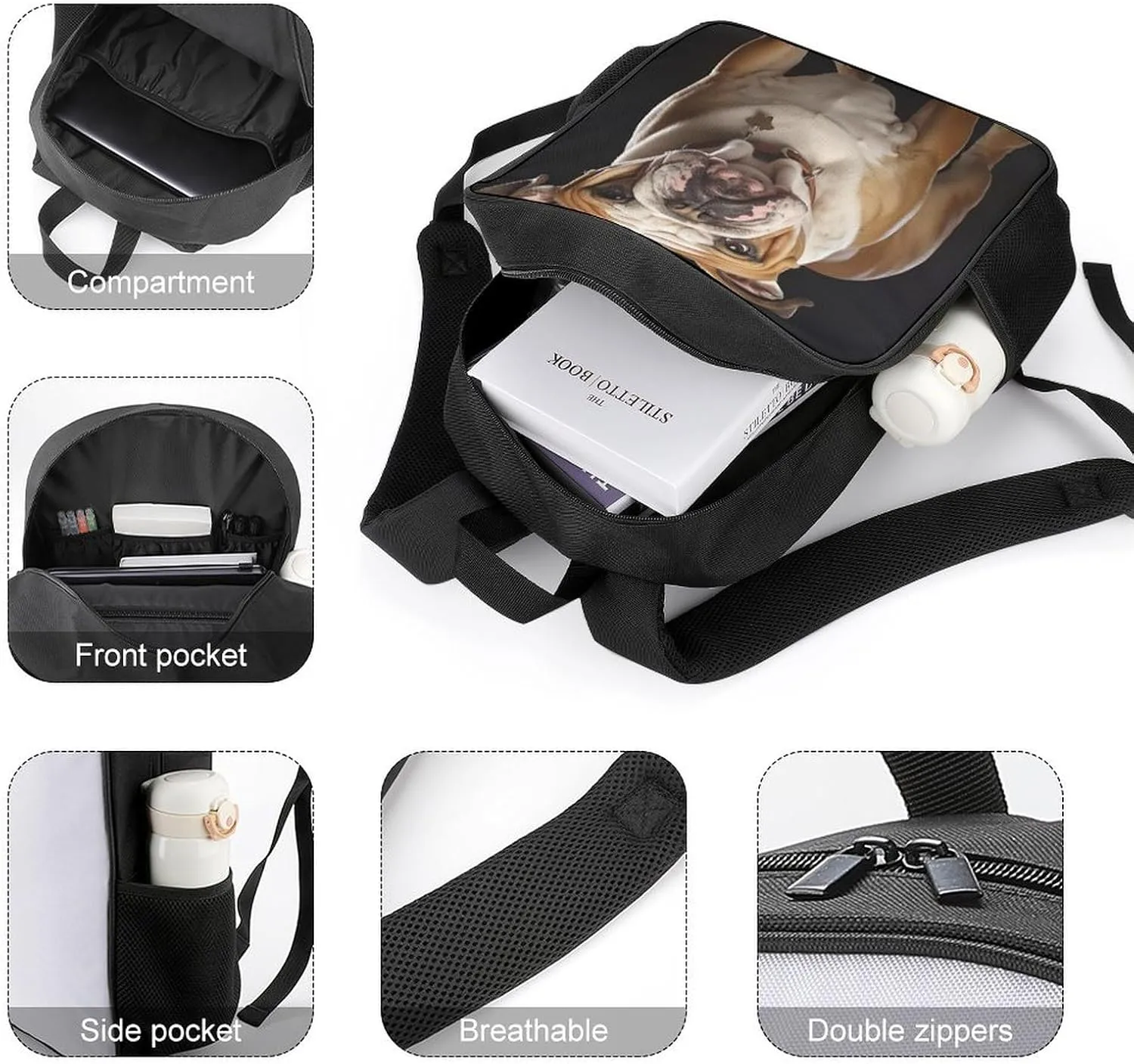 Lightweight Backpacks Cute Travel Bag Durable English Bulldog Printing Small Travel Backpack For Women & Men