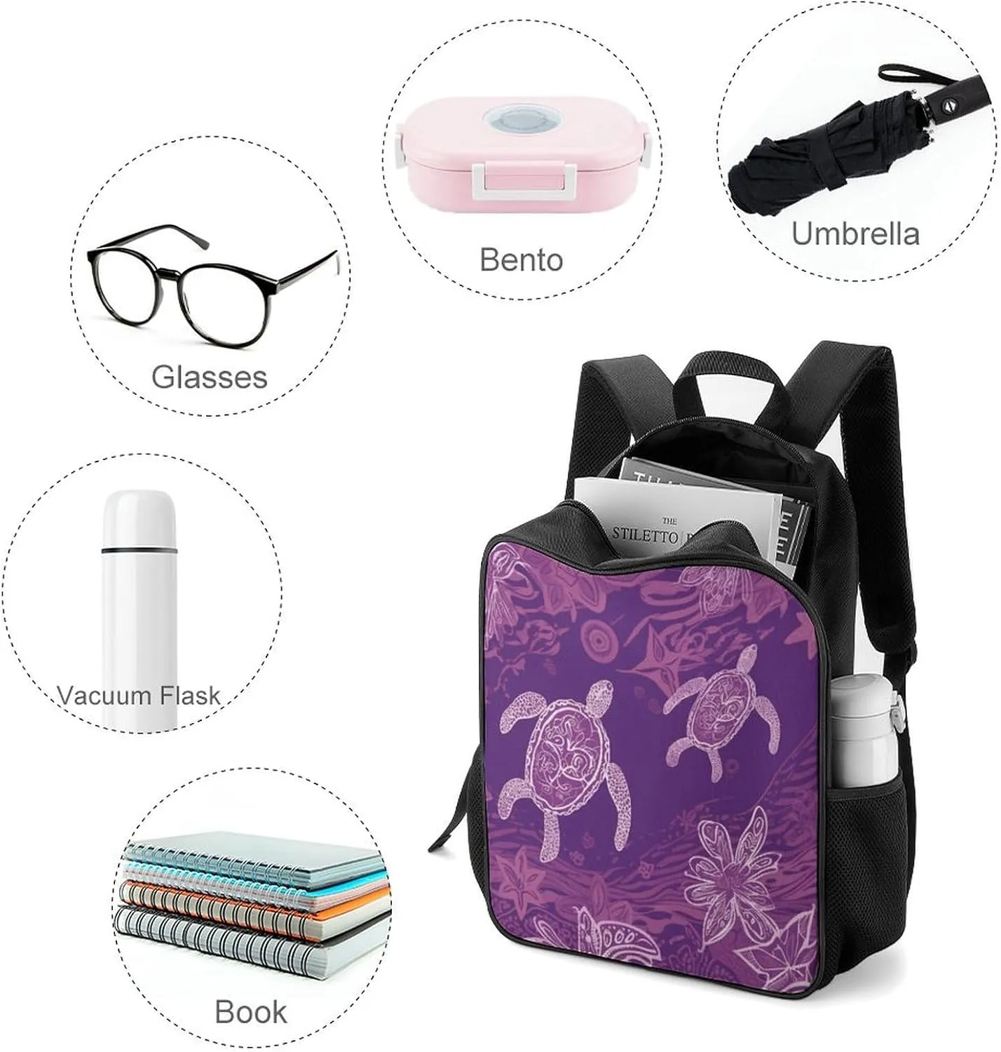 Lightweight Backpacks Cute Travel Bag Durable Hawaii with Purple Sea Turtle Printing Small Travel Backpack For Women & Men