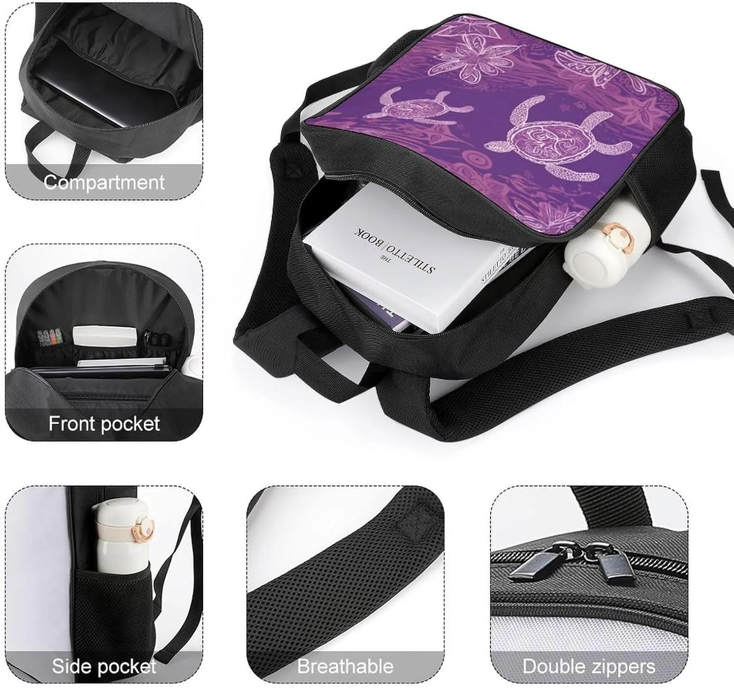 Lightweight Backpacks Cute Travel Bag Durable Hawaii with Purple Sea Turtle Printing Small Travel Backpack For Women & Men