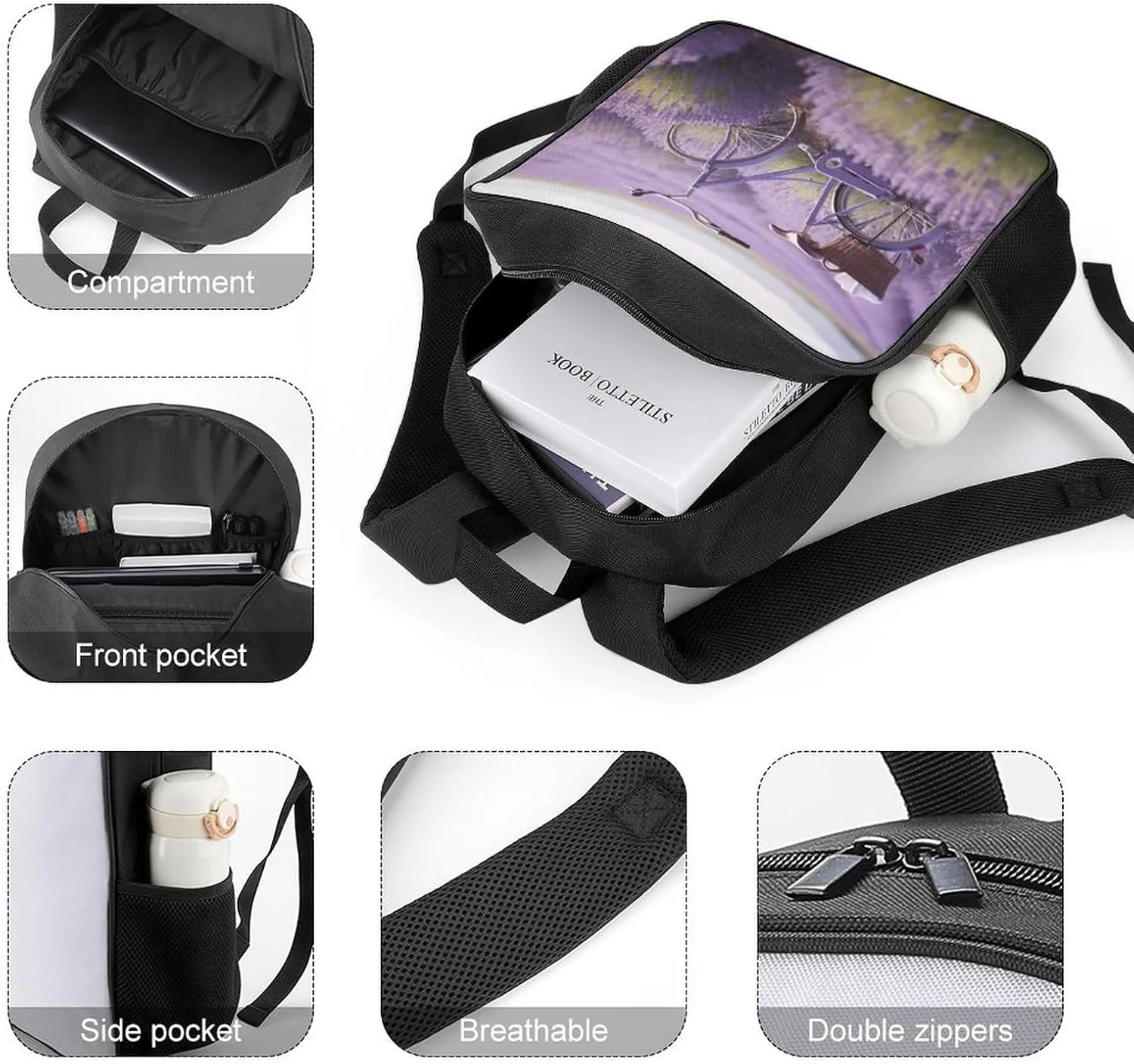 Lightweight Backpacks Cute Travel Bag Durable Lavender Field Bike Printing Small Travel Backpack For Women & Men