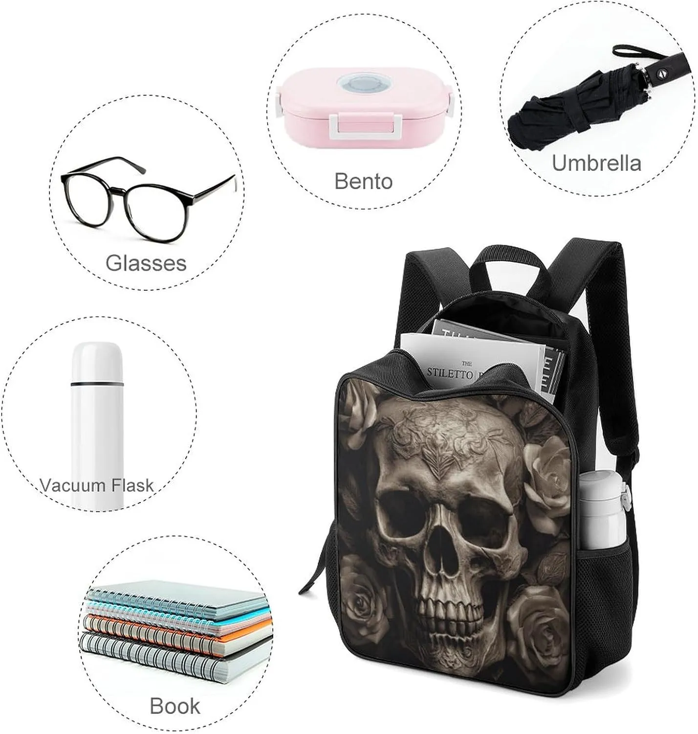 Lightweight Backpacks Cute Travel Bag Durable Leather Rose Skull Printing Small Travel Backpack For Women & Men