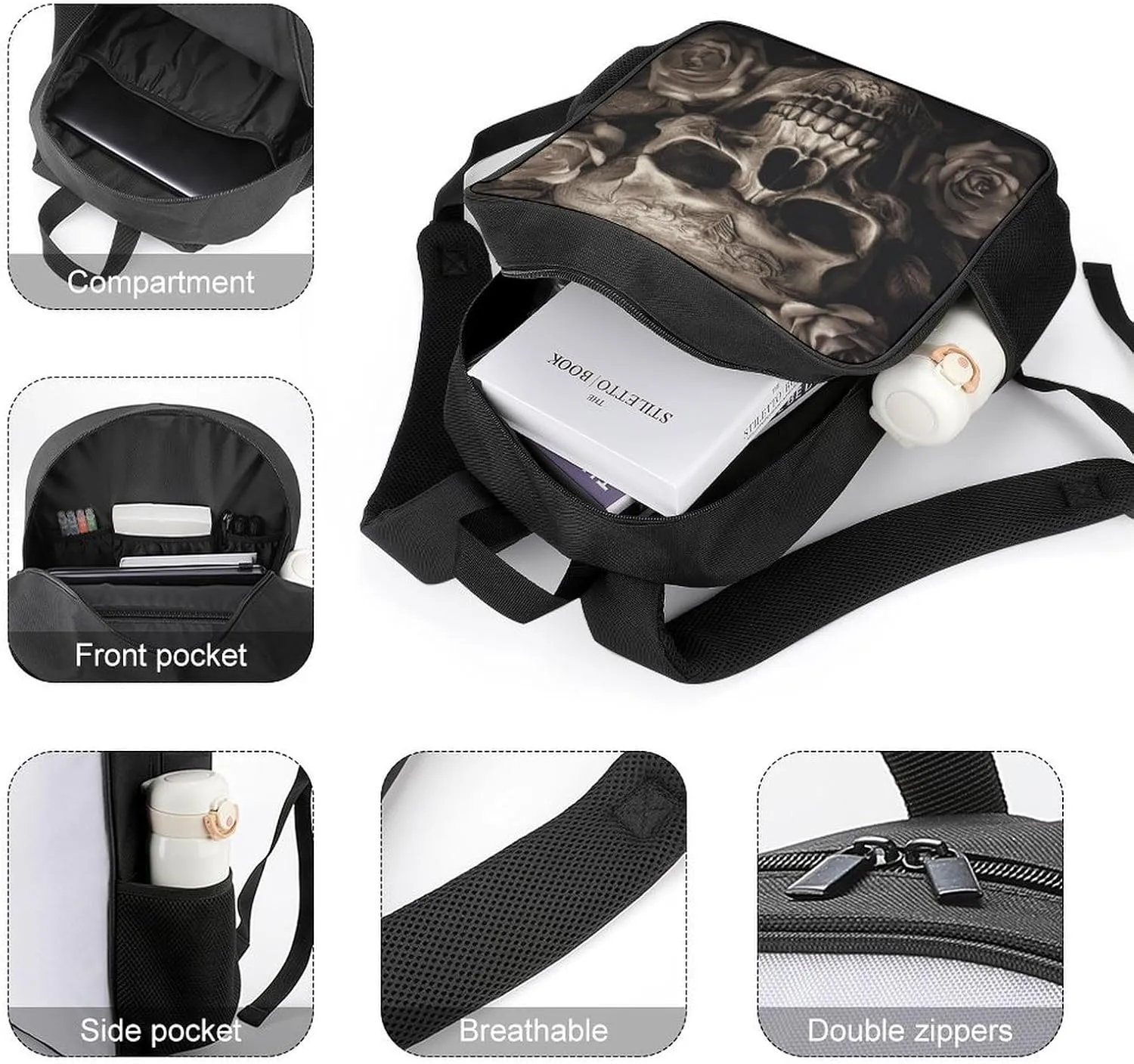 Lightweight Backpacks Cute Travel Bag Durable Leather Rose Skull Printing Small Travel Backpack For Women & Men