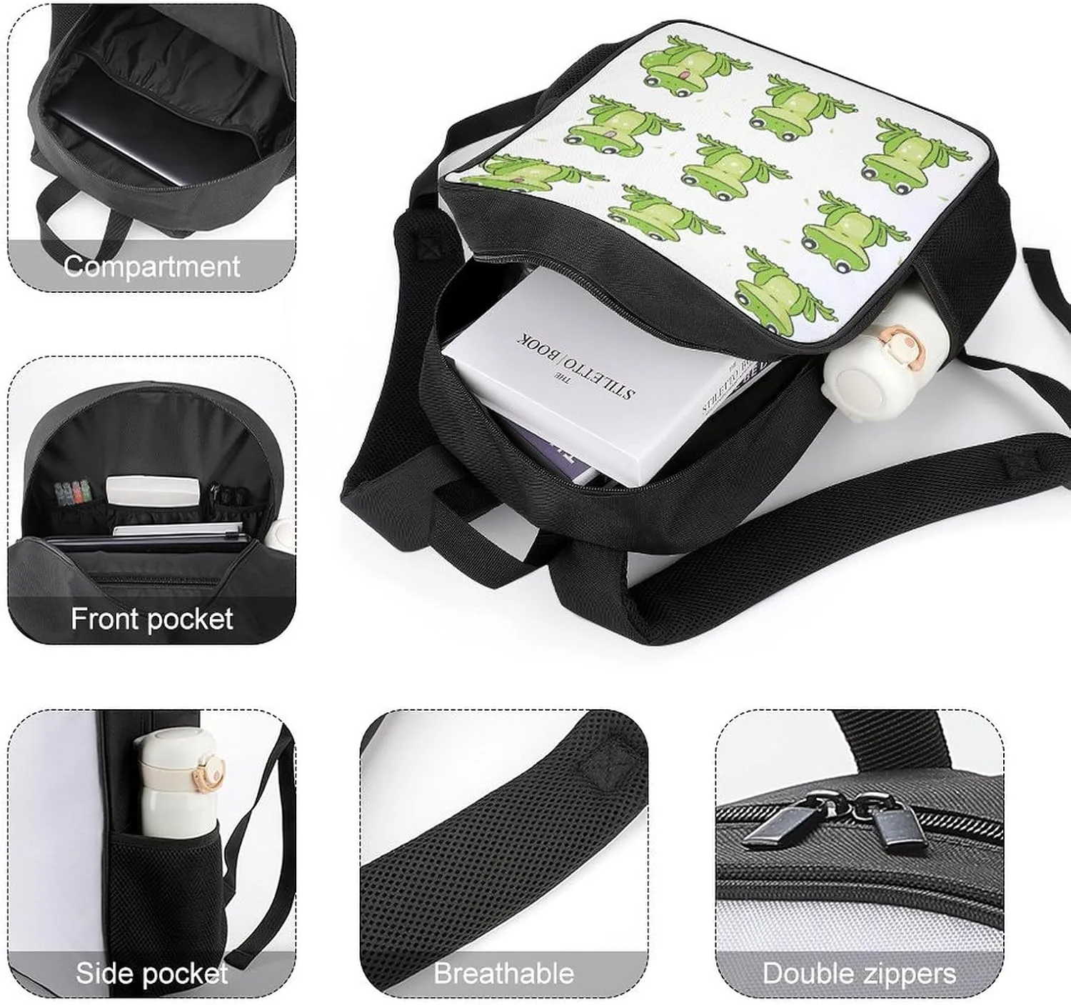 Lightweight Backpacks Cute Travel Bag Durable Little Green Frog Printing Small Travel Backpack For Women & Men