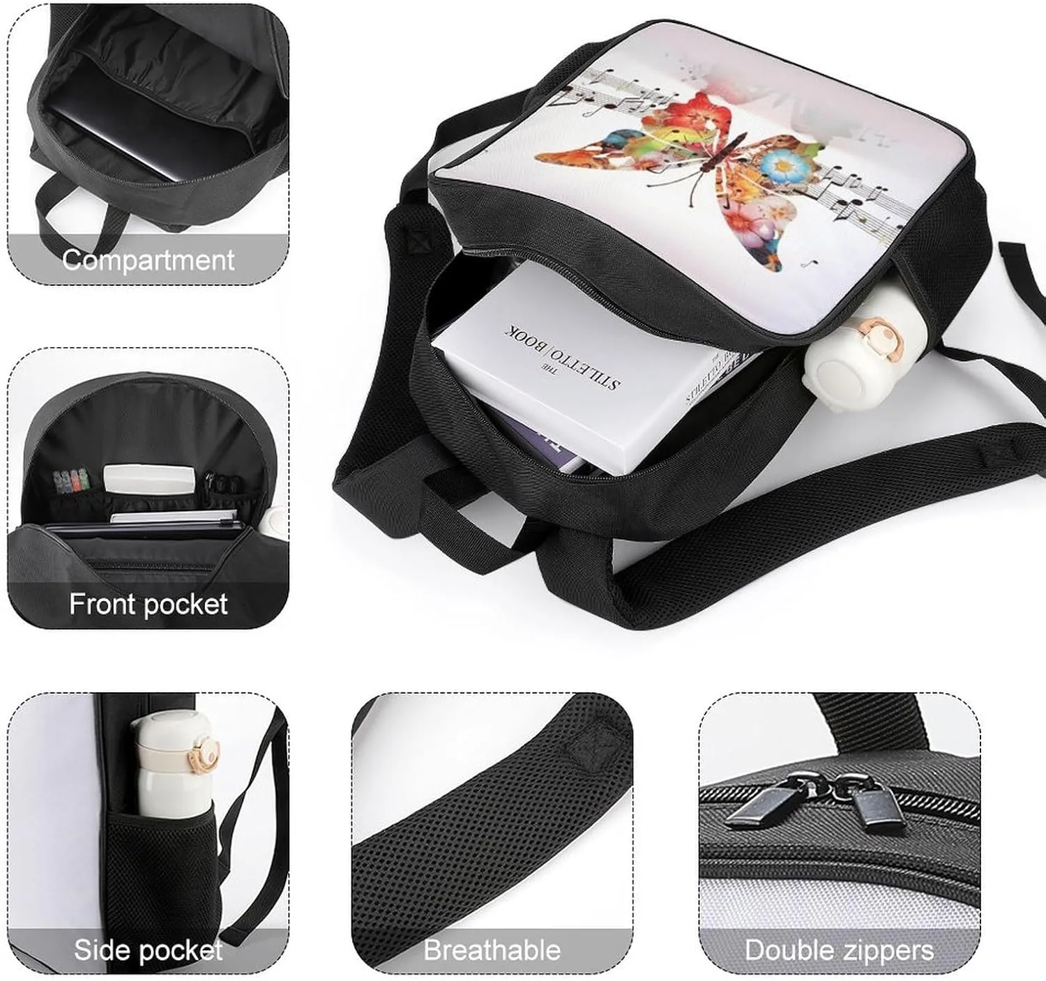 Lightweight Backpacks Cute Travel Bag Durable Music Butterfly Printing Small Travel Backpack For Women & Men