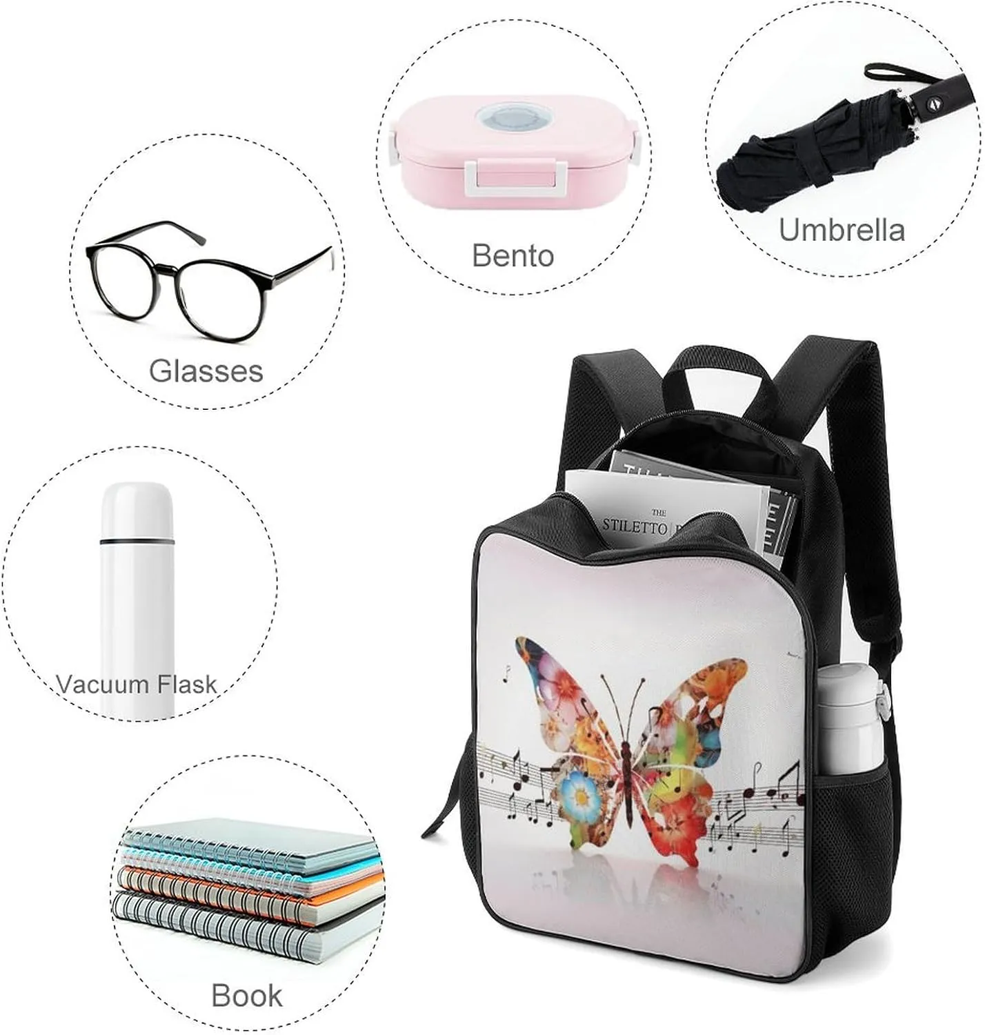 Lightweight Backpacks Cute Travel Bag Durable Music Butterfly Printing Small Travel Backpack For Women & Men