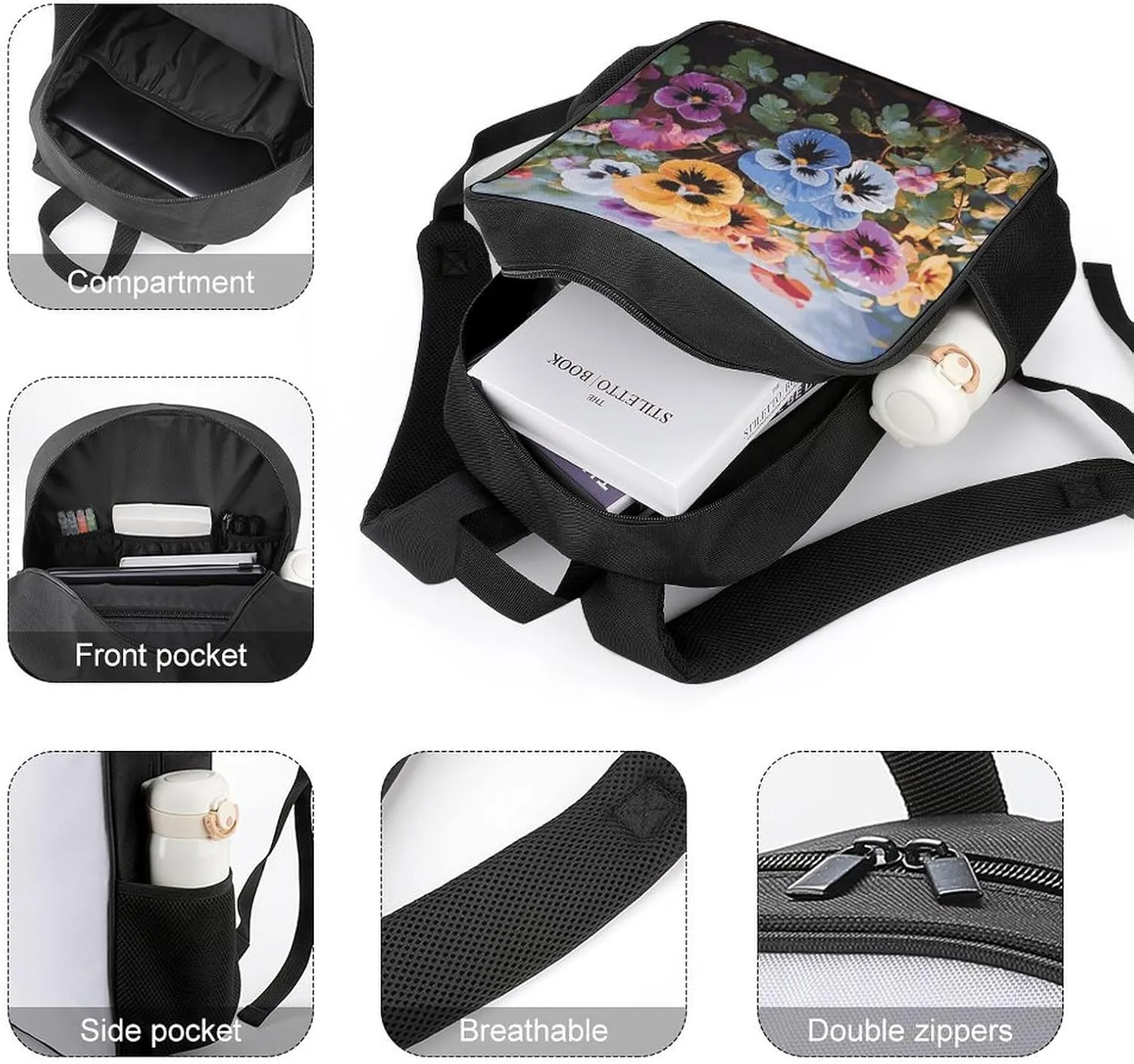 Lightweight Backpacks Cute Travel Bag Durable Pansy Flowers Printing Small Travel Backpack For Women & Men