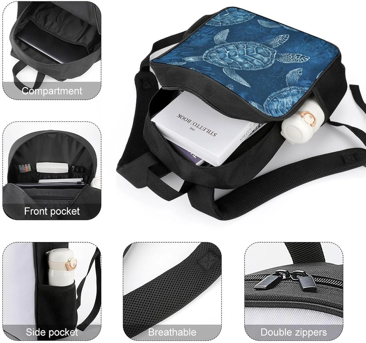 Lightweight Backpacks Cute Travel Bag Durable Sea Turtle Blue Printing Small Travel Backpack For Women & Men