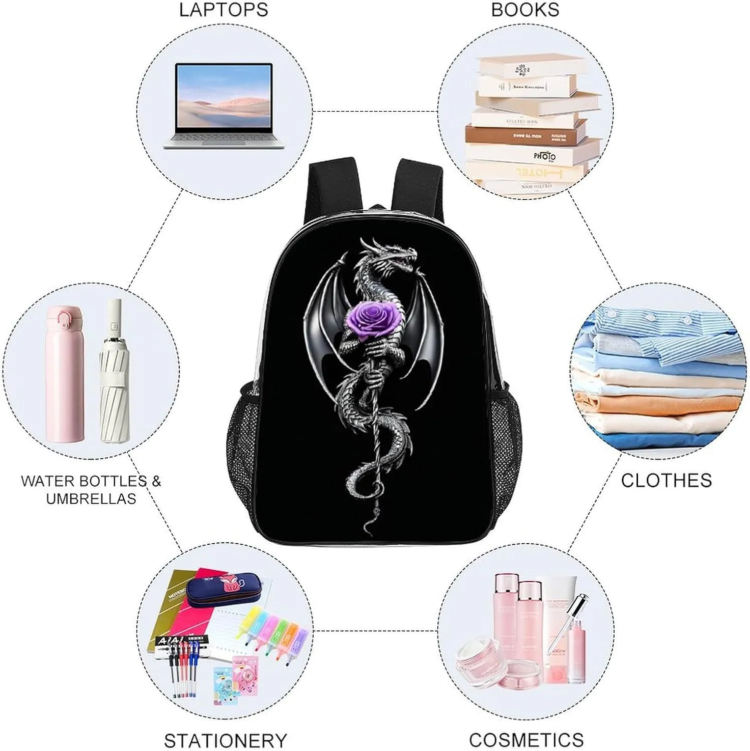 Lightweight Daypack Backpack for Sports Travel Running - Large Capacity Multipurpose Transparent Bookbag, Cool Dragon Purple Rose Black Laptop Backpack Daypack