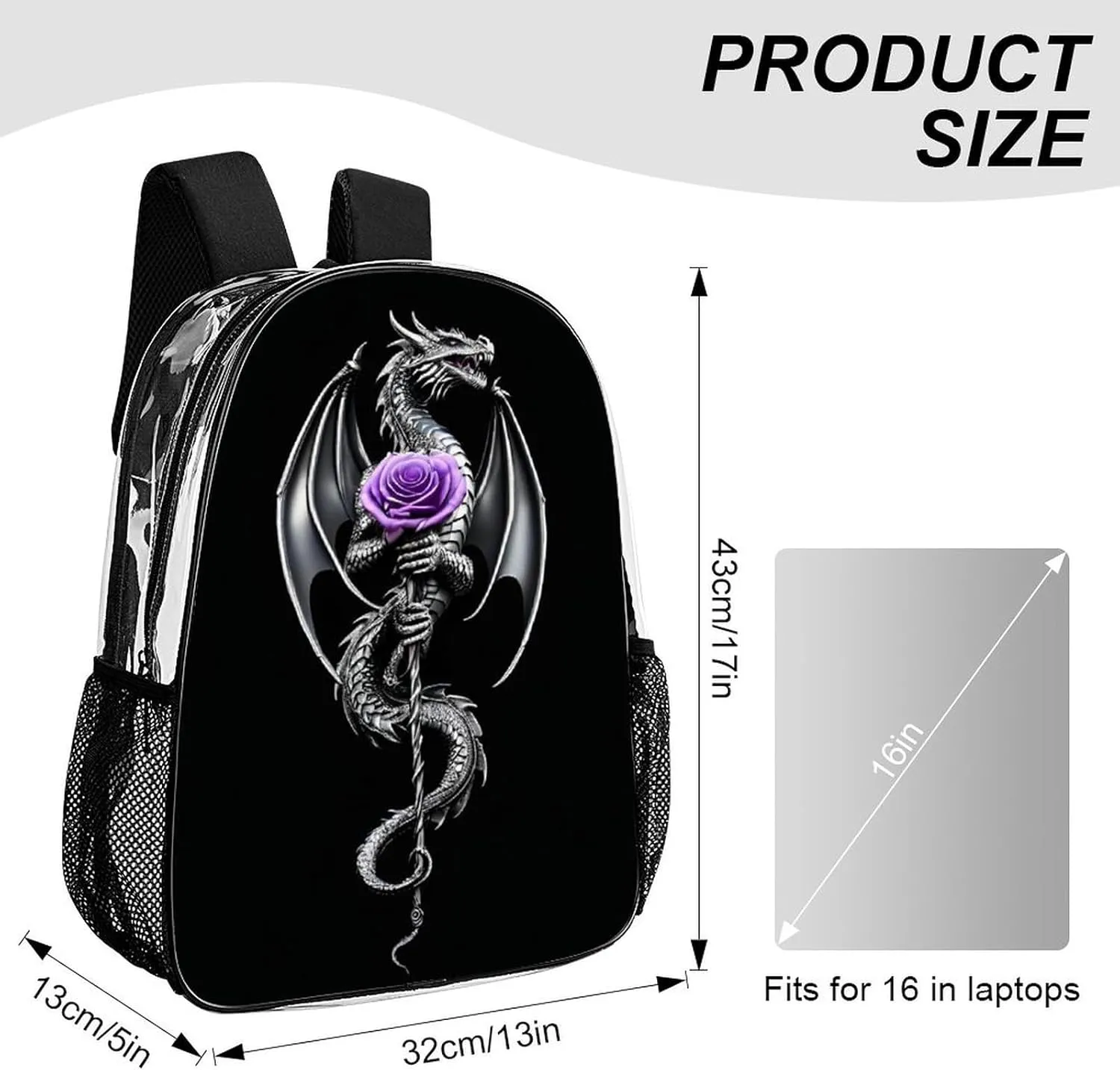 Lightweight Daypack Backpack for Sports Travel Running - Large Capacity Multipurpose Transparent Bookbag, Cool Dragon Purple Rose Black Laptop Backpack Daypack