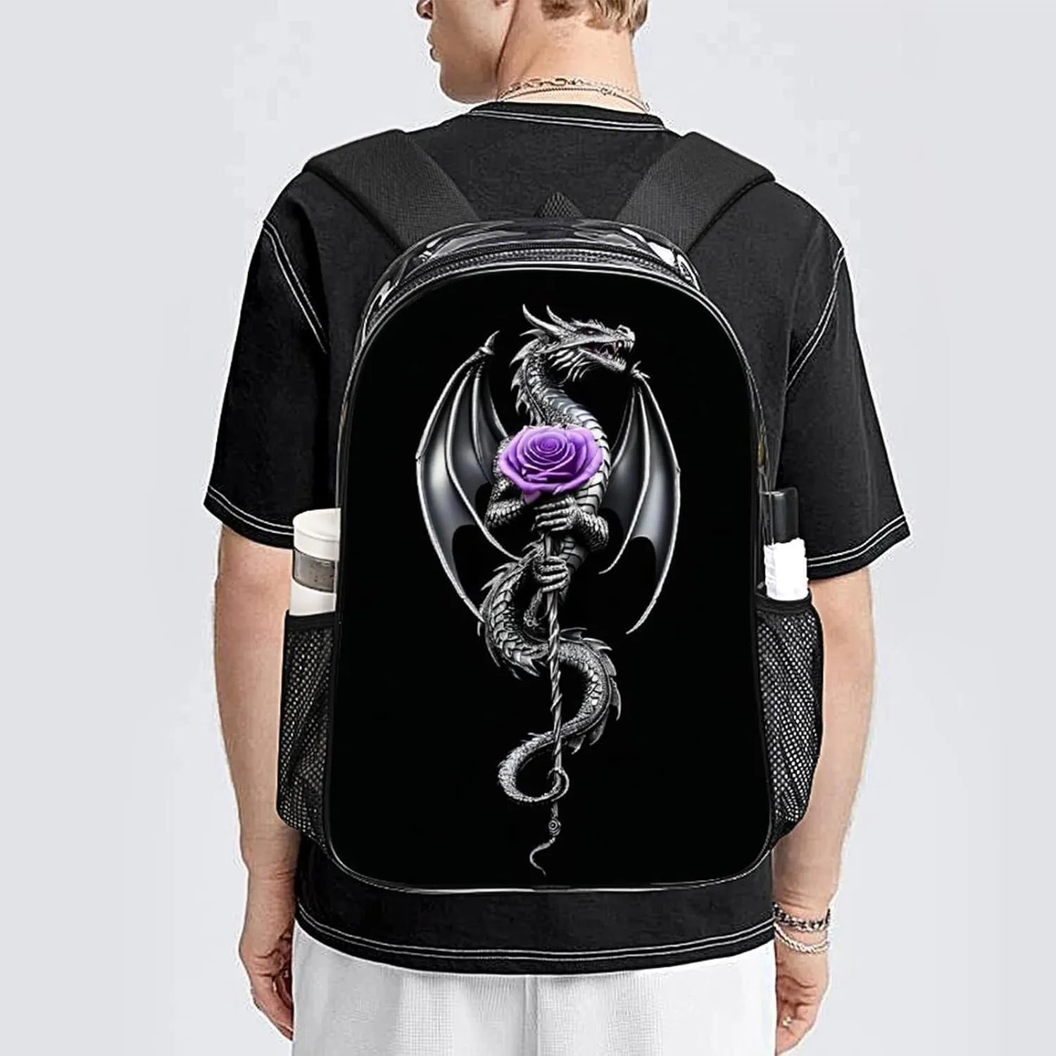 Lightweight Daypack Backpack for Sports Travel Running - Large Capacity Multipurpose Transparent Bookbag, Cool Dragon Purple Rose Black Laptop Backpack Daypack