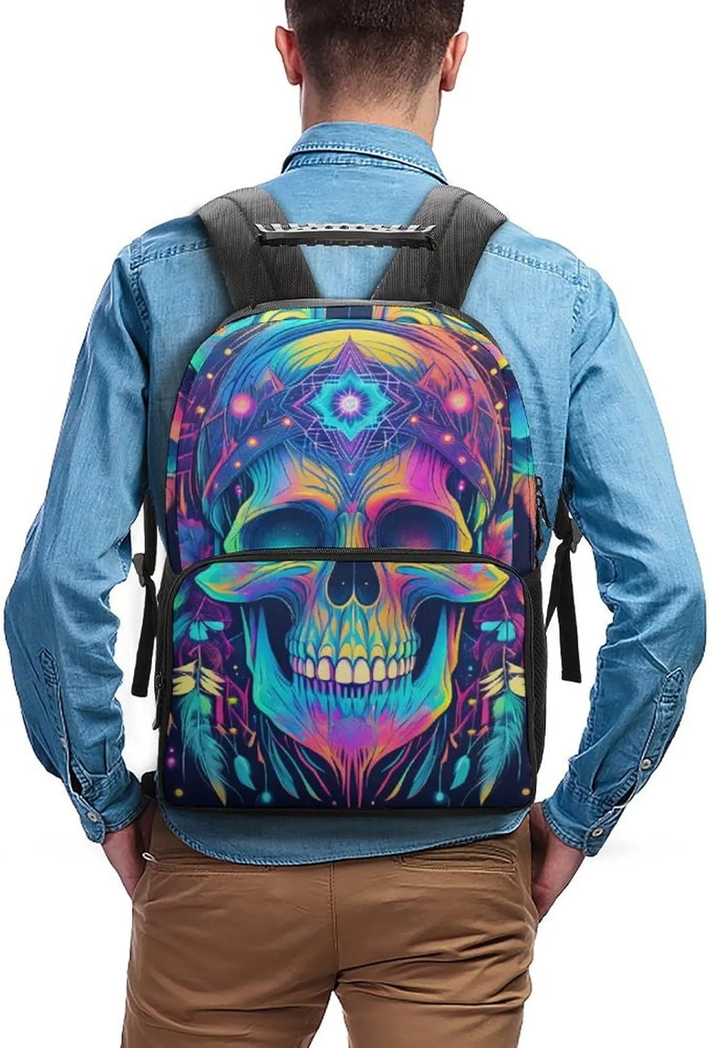 Lightweight Daypack Backpack for Trekking Work Running - Big Capacity Multipurpose Anti-Theft Bookbag, Psychedelic Skull Head Colorful Dreamcatcher Art Business Computer Bag