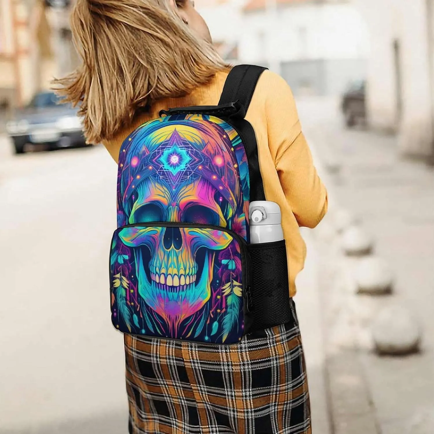 Lightweight Daypack Backpack for Trekking Work Running - Big Capacity Multipurpose Anti-Theft Bookbag, Psychedelic Skull Head Colorful Dreamcatcher Art Business Computer Bag