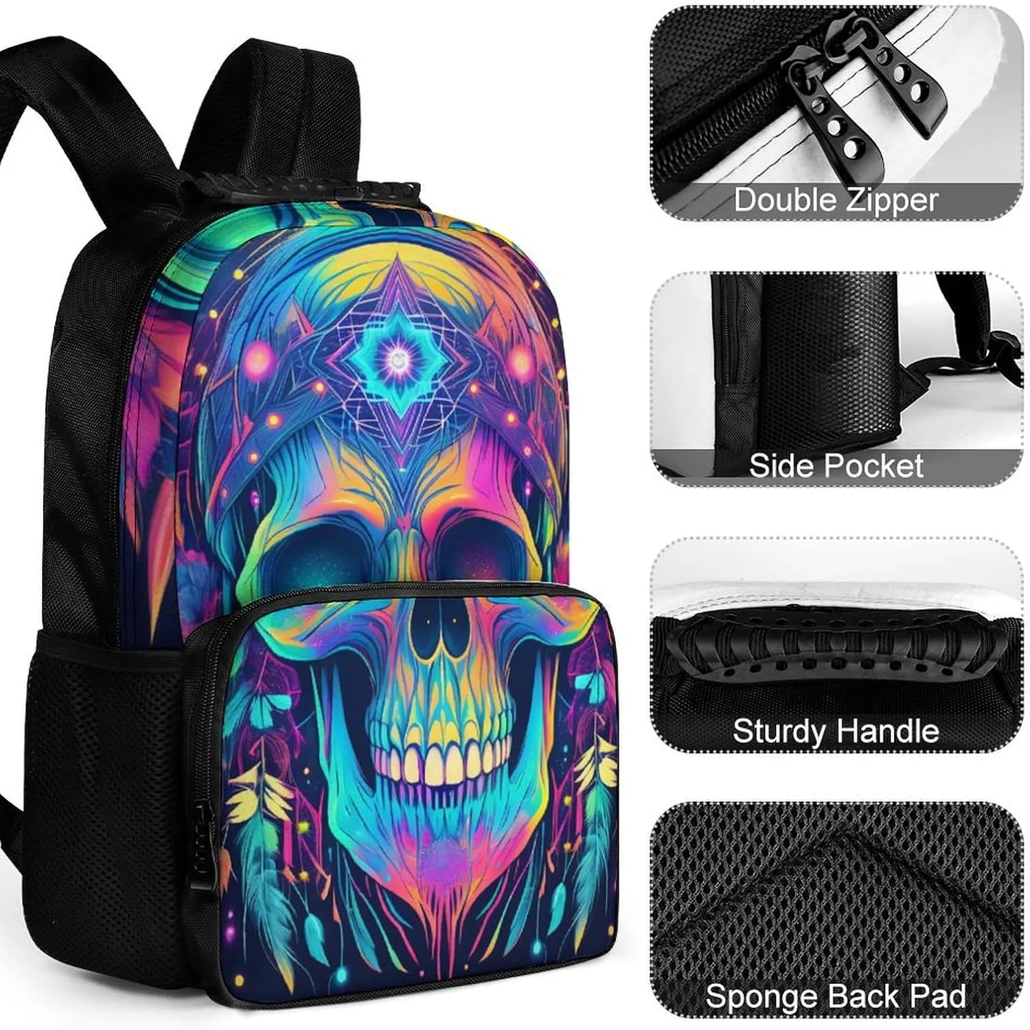 Lightweight Daypack Backpack for Trekking Work Running - Big Capacity Multipurpose Anti-Theft Bookbag, Psychedelic Skull Head Colorful Dreamcatcher Art Business Computer Bag