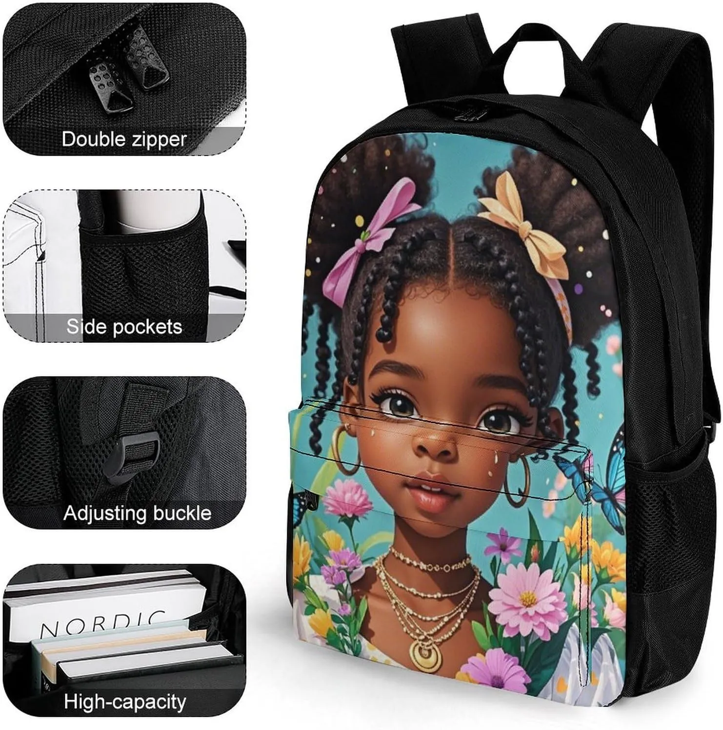 Lightweight Daypack for Camping Business Walking Cycling - Large Capacity Anti-Theft Multipurpose Bookbag, Colorful Afro American Black Woman With Butterflies Art Gym Outdoor Hiking Backpack