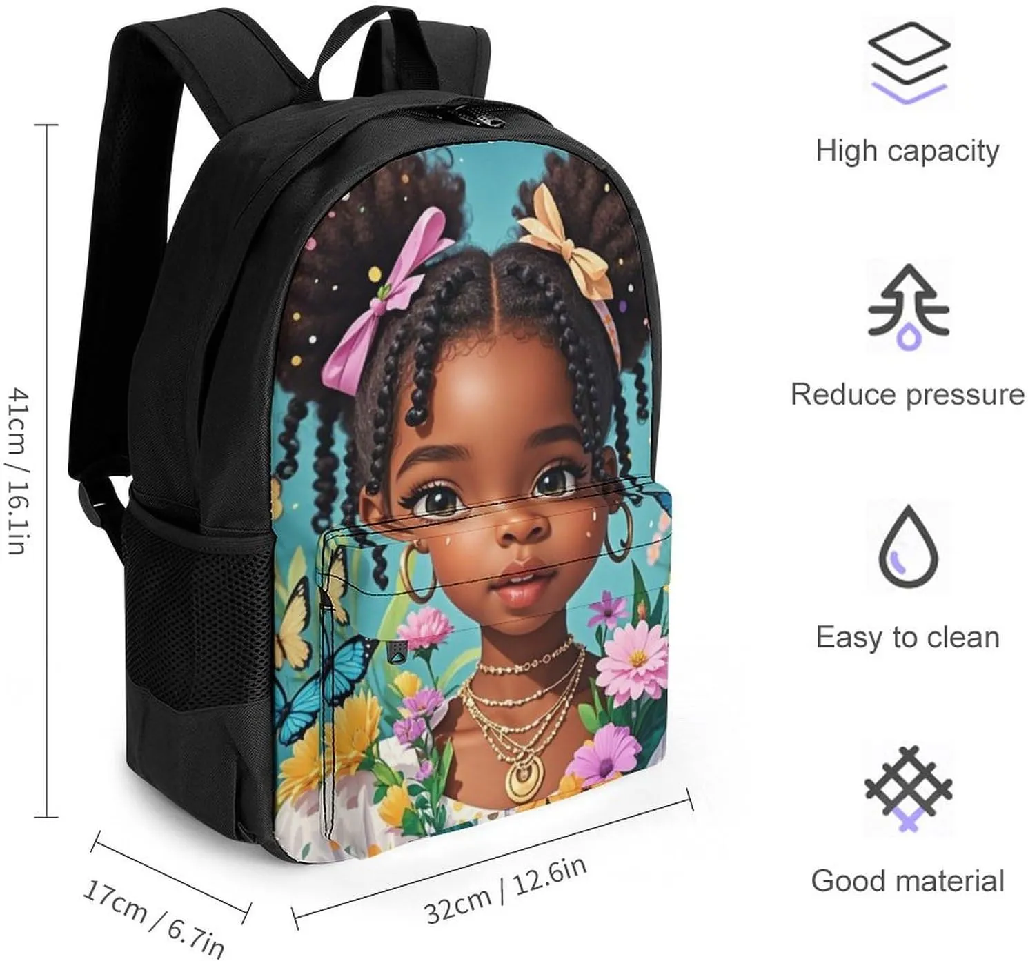 Lightweight Daypack for Camping Business Walking Cycling - Large Capacity Anti-Theft Multipurpose Bookbag, Colorful Afro American Black Woman With Butterflies Art Gym Outdoor Hiking Backpack