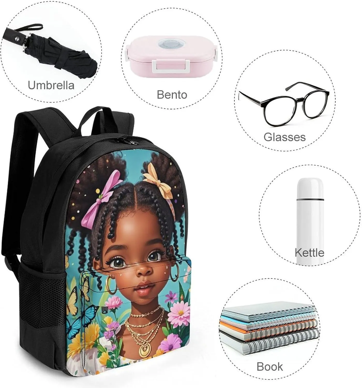 Lightweight Daypack for Camping Business Walking Cycling - Large Capacity Anti-Theft Multipurpose Bookbag, Colorful Afro American Black Woman With Butterflies Art Gym Outdoor Hiking Backpack