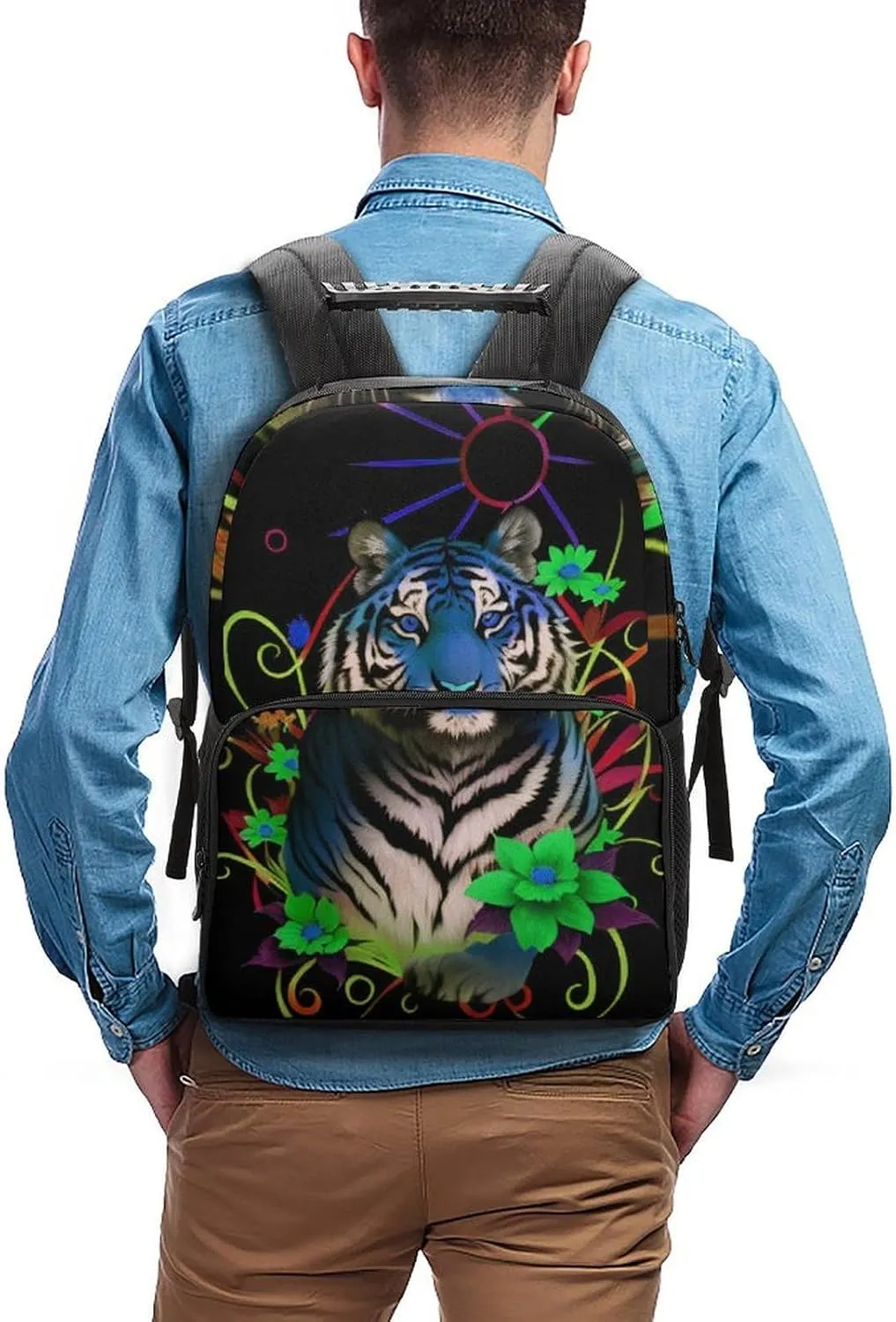 Lightweight Rucksack for Sports Travel Running - Big Capacity Multipurpose Anti-Theft Bookbag, Trippy Tiger Animal Flower Art Travel and Sport Backpack Rucksack