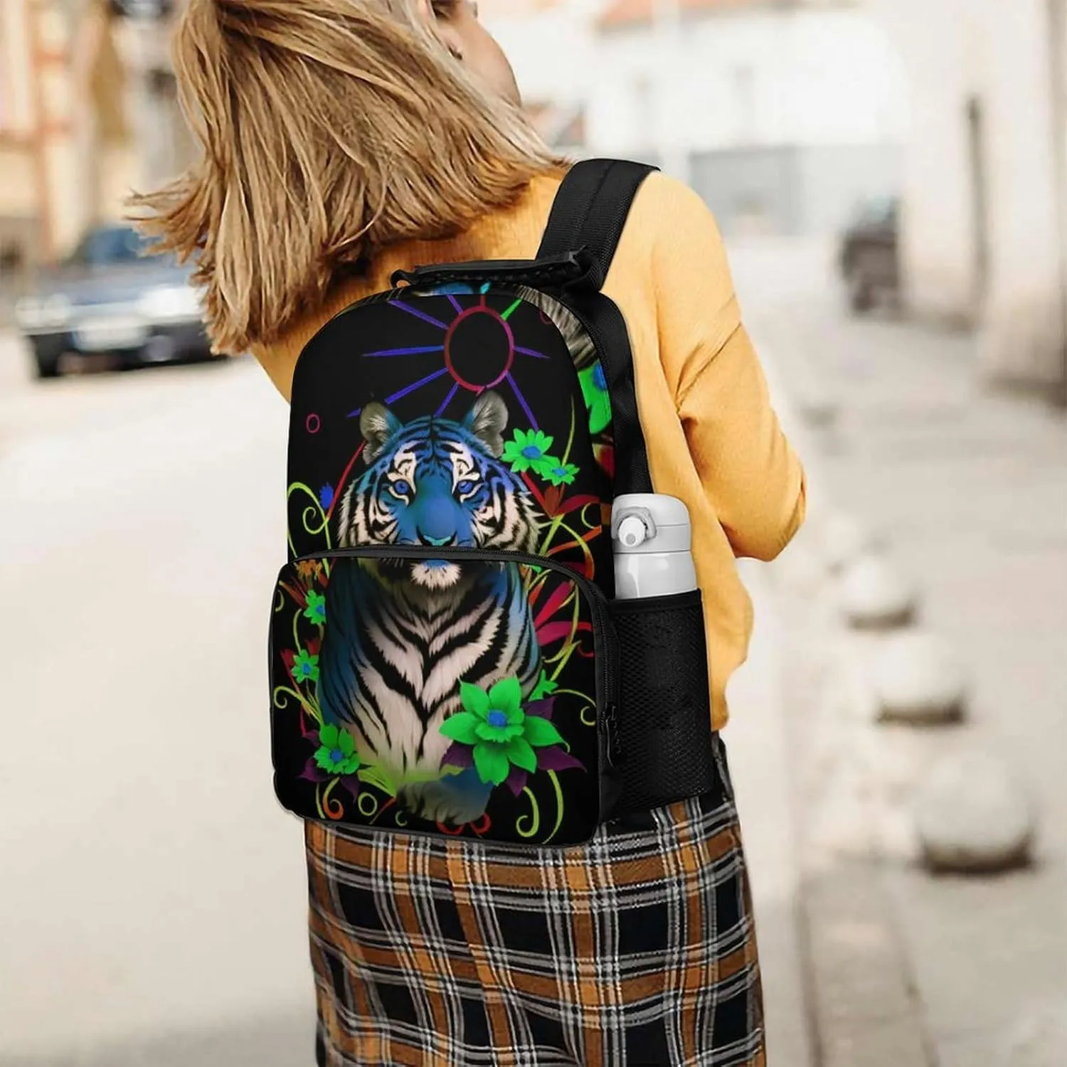 Lightweight Rucksack for Sports Travel Running - Big Capacity Multipurpose Anti-Theft Bookbag, Trippy Tiger Animal Flower Art Travel and Sport Backpack Rucksack